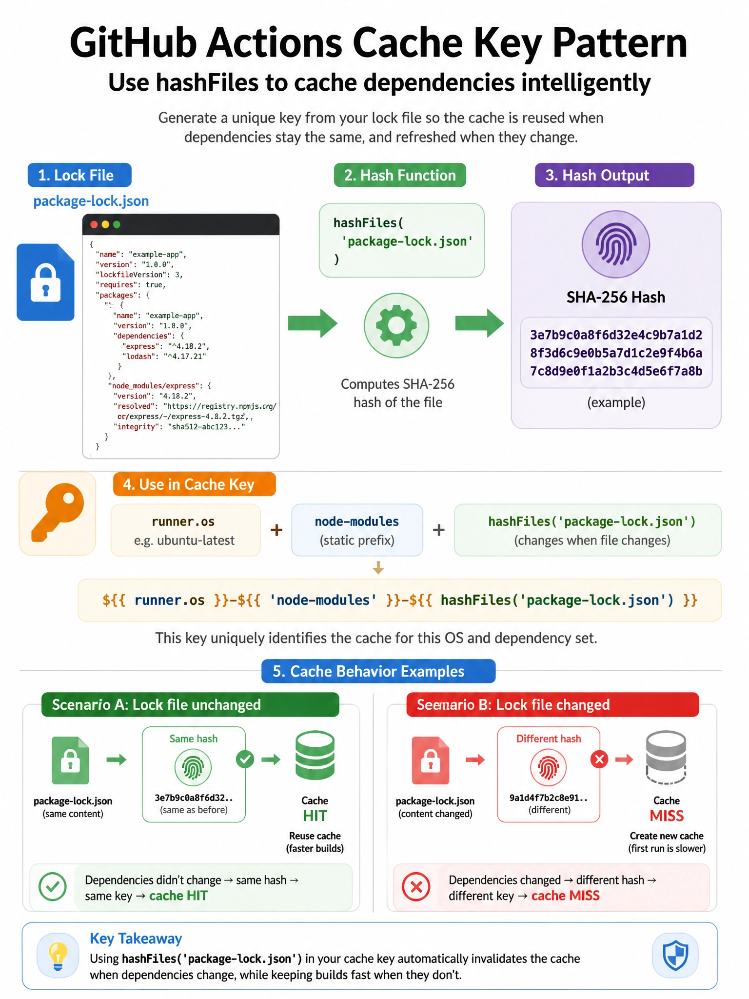 Educational infographic 1024x768 showing hashFiles cache key pattern. Show package-lock.json file with content. Arrow pointing to hashFiles function producing SHA-256 hash string. Use in cache key: runner.os + node-modules + hashFiles(package-lock.json). Show cache HIT vs MISS scenarios when file changes. Lock file icon.