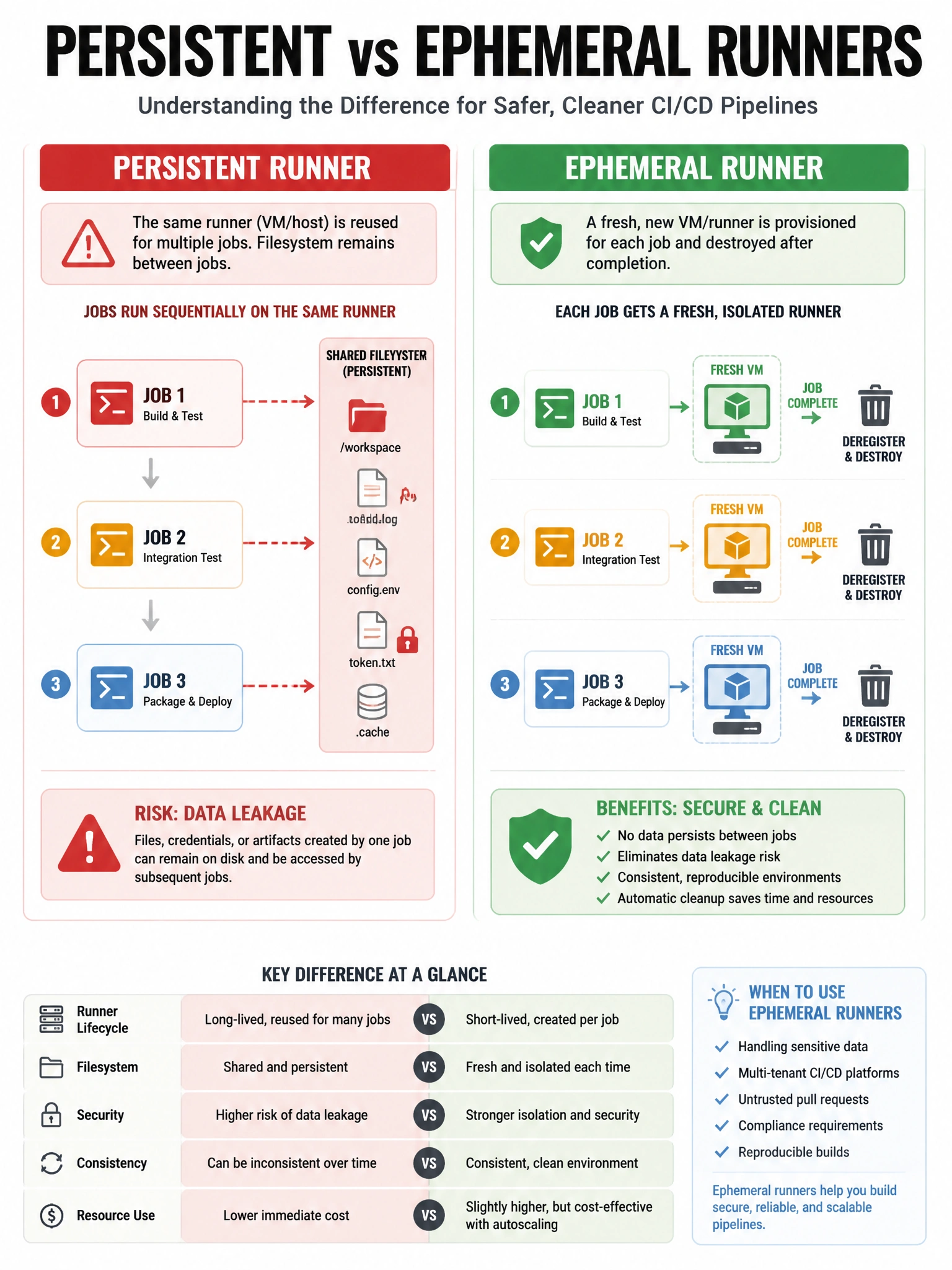 Educational infographic 1024x768 comparing persistent vs ephemeral runners. Left: persistent runner icon showing multiple jobs running sequentially with shared filesystem — red 'data leakage' arrow between jobs. Right: ephemeral runner showing each job getting fresh VM, deregistered after completion (trash icon). Security shield on ephemeral side.