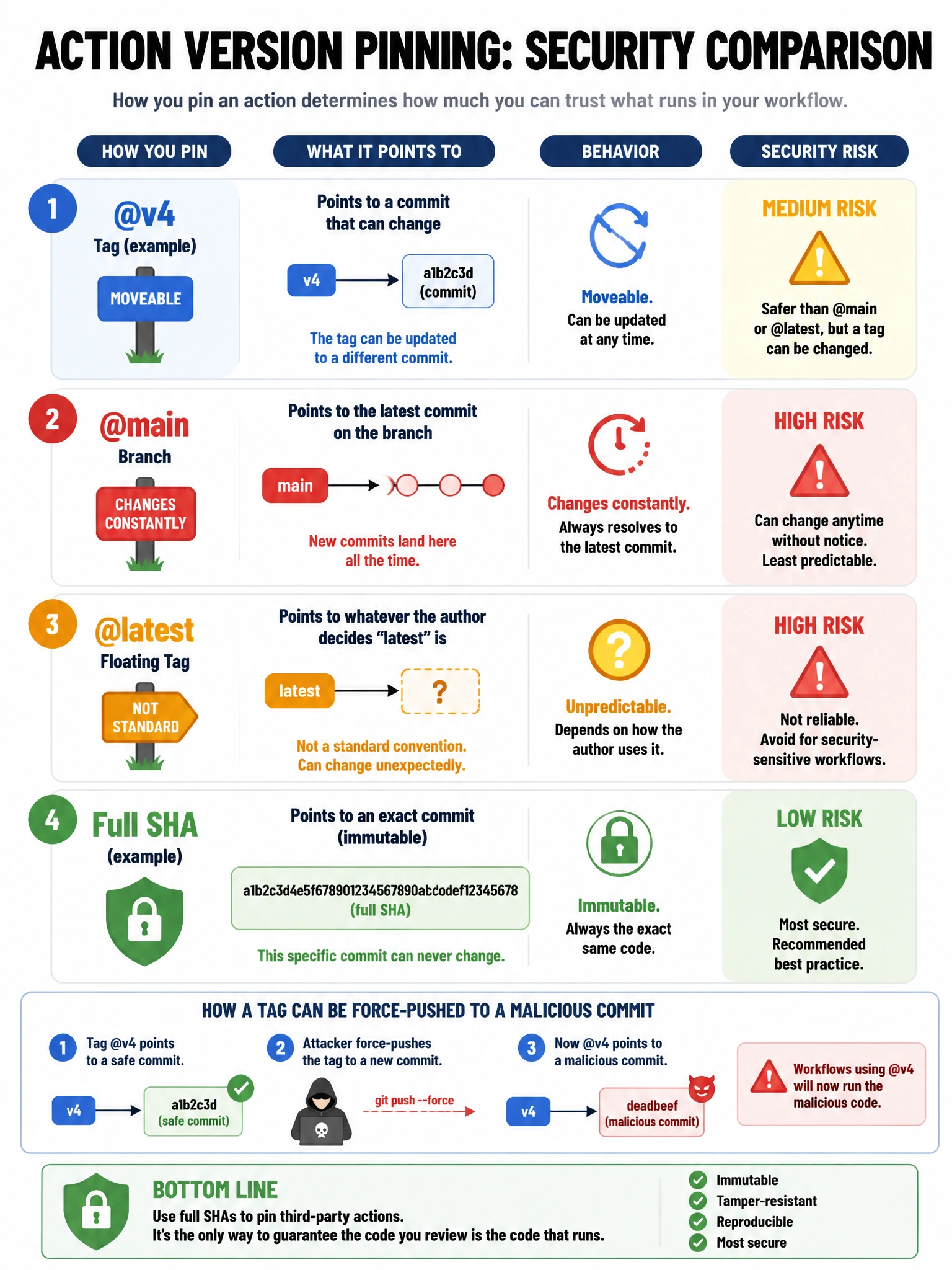 Educational infographic 1024x768 showing action version pinning security comparison. Four options: @v4 tag (moveable, medium risk), @main branch (changes constantly, high risk), @latest (not standard, high risk), full SHA (immutable, low risk with green shield). Show how tag can be force-pushed to malicious commit. Lock icon on SHA pin.