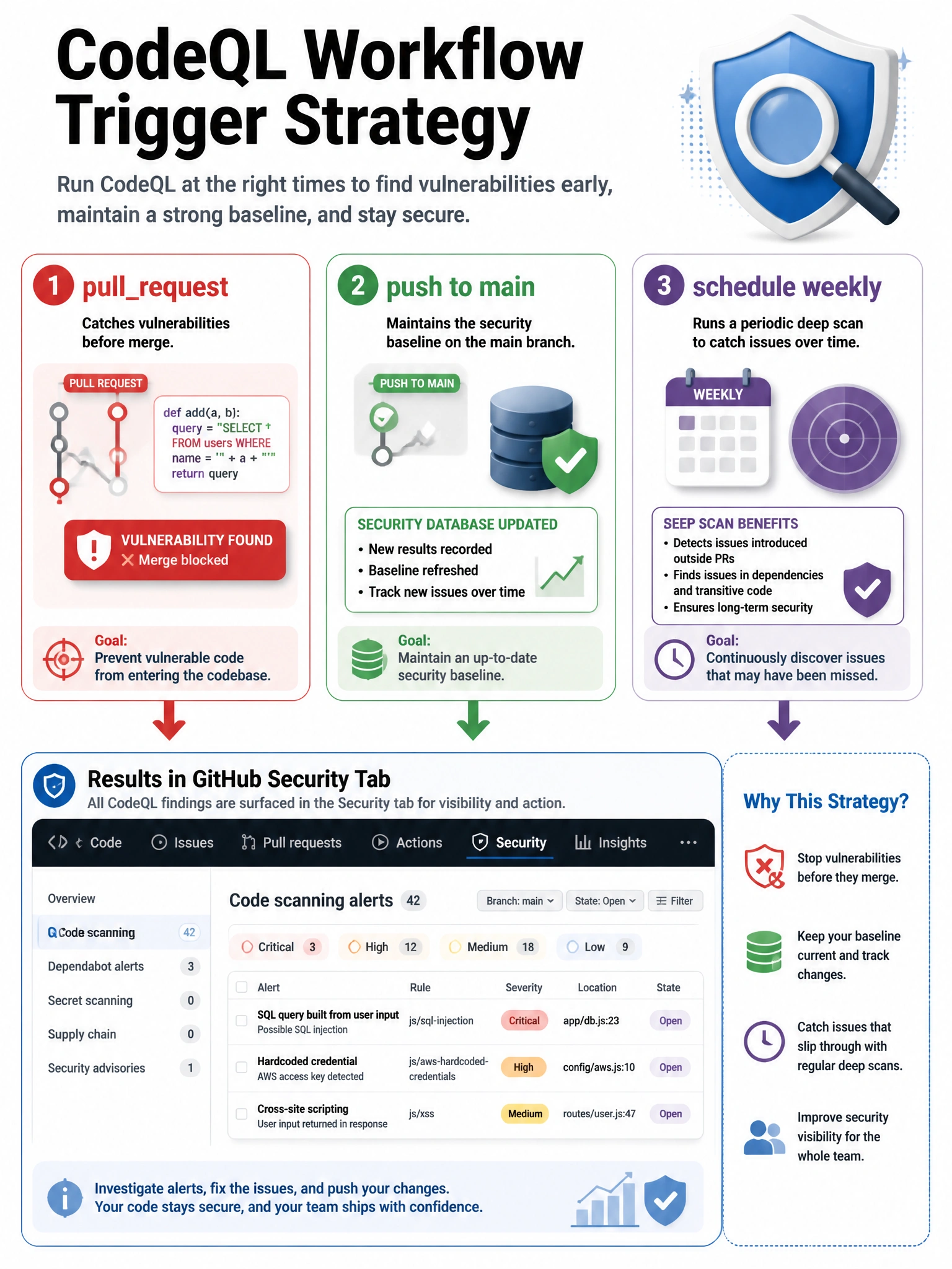 Educational infographic 1024x768 showing CodeQL workflow trigger strategy. Three trigger boxes: pullrequest (catches vulnerabilities before merge, shown blocking bad code), push to main (maintains baseline, shows updated security database), schedule weekly (periodic deep scan). GitHub Security tab showing Code scanning alerts result panel. Shield with magnifying glass icon.