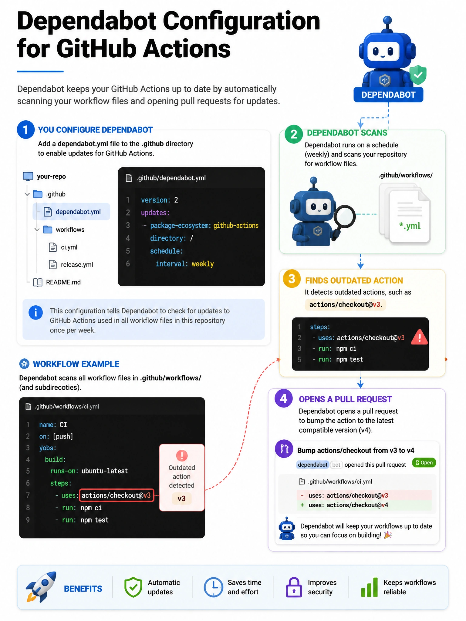 Educational infographic 1024x768 showing Dependabot configuration for Actions. File tree: .github/dependabot.yml shown. YAML content: package-ecosystem: github-actions, directory: /, schedule: interval: weekly. Arrow showing Dependabot scanning .github/workflows/.yml files, finding actions/checkout@v3, opening PR to bump to v4. Dependabot bot icon.