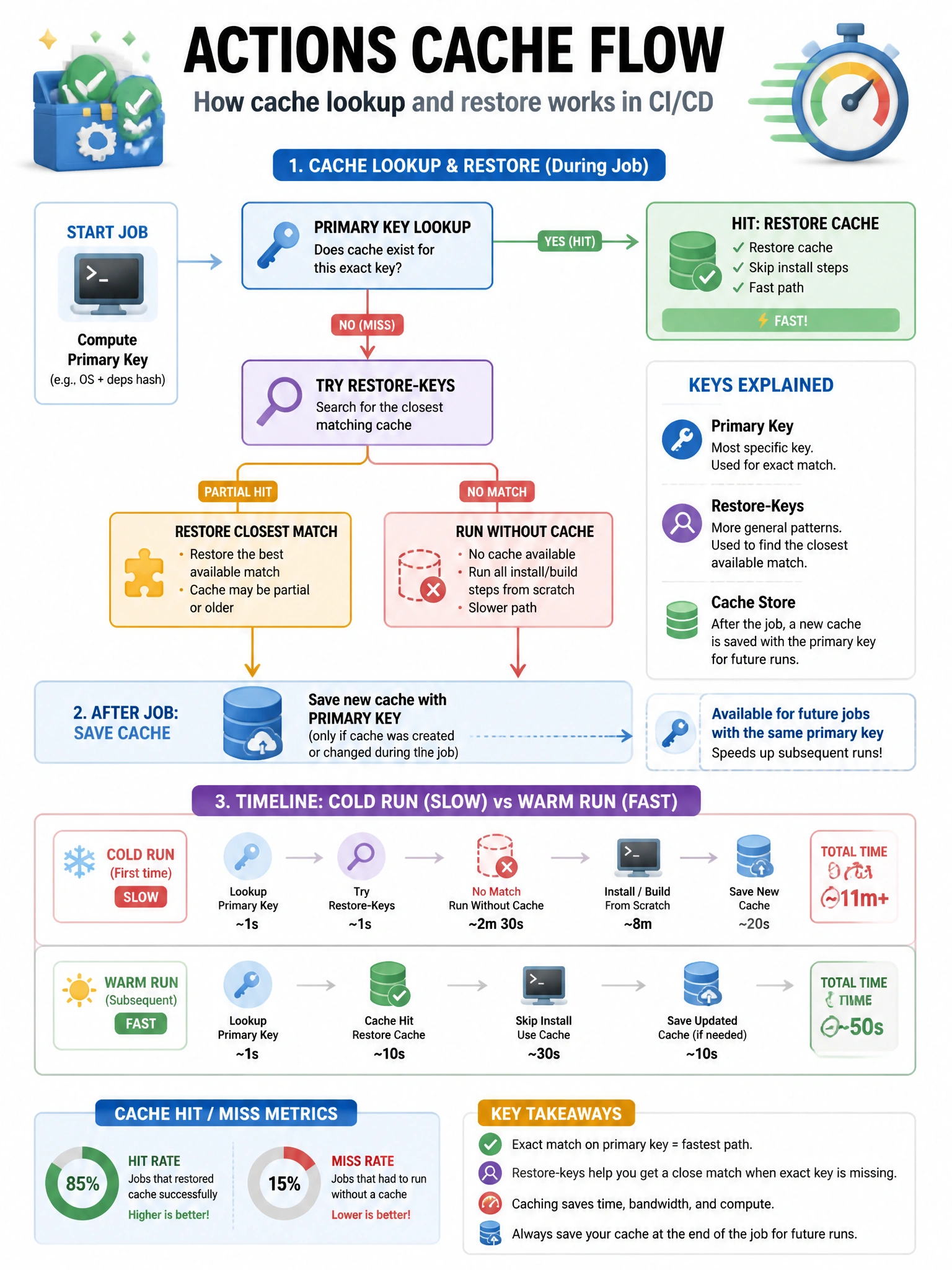 Educational infographic 1024x768 showing actions/cache flow diagram. Primary key lookup -> HIT: restore cache, skip install, fast path. MISS: try restore-keys -> partial hit (restore closest match) or no match (run without cache). After job: save new cache with primary key. Timeline showing cold run (slow) vs warm run (fast). Cache hit/miss percentage icons.