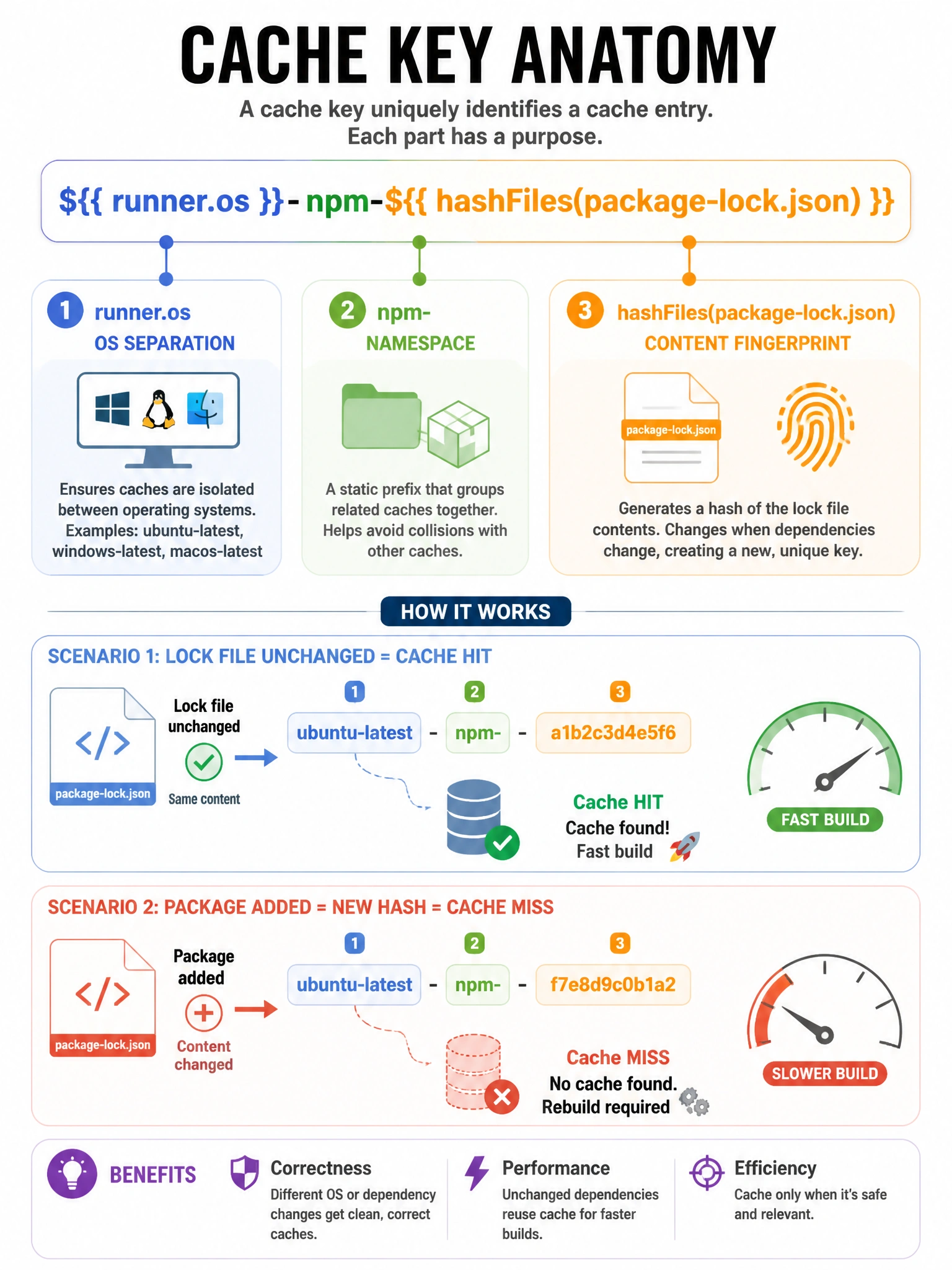 Educational infographic 1024x768 showing cache key anatomy. '${{ runner.os }}-npm-${{ hashFiles(package-lock.json) }}' with each segment labeled and color-coded: runner.os (blue, OS separation), npm- (green, namespace), hashFiles (orange, content fingerprint). Show two scenarios: lock file unchanged = cache HIT, package added = new hash = cache MISS. Build speedometer.