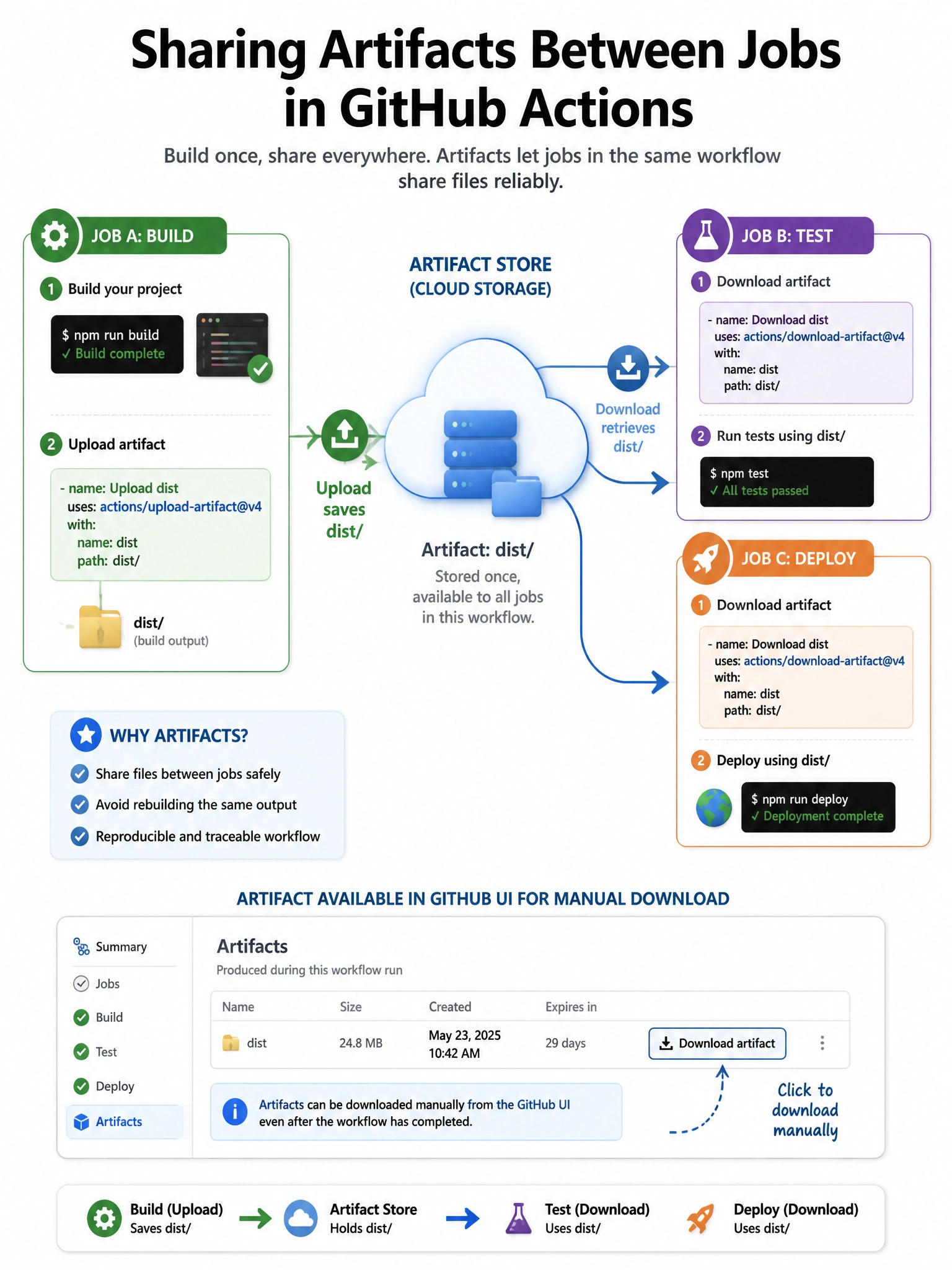 Educational infographic 1024x768 showing artifact sharing between jobs. Job A (build): actions/upload-artifact saves dist/ folder to artifact store (cloud storage icon). Job B (test): actions/download-artifact retrieves dist/ folder. Job C (deploy): also downloads same artifact. All jobs connected to central artifact store. Show artifact available in GitHub UI for manual download.