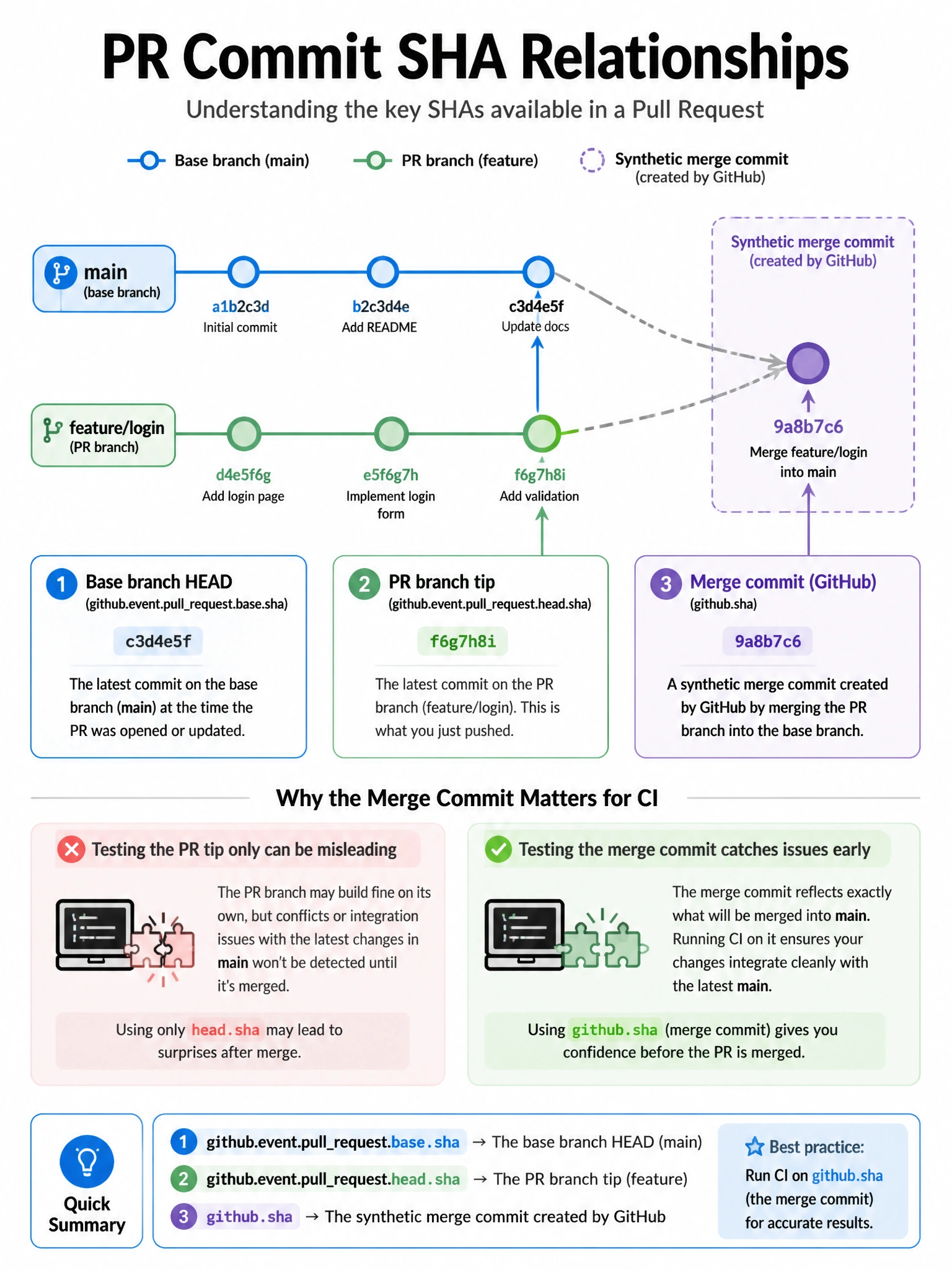 Educational infographic 1024x768 showing PR commit SHA relationships. Git graph showing base branch (main) and PR branch (feature). Synthetic merge commit created by GitHub (dashed box). Labels: github.sha = merge commit SHA, github.event.pullrequest.head.sha = PR branch tip, github.event.pullrequest.base.sha = base branch HEAD. Why merge commit matters for accurate CI testing.