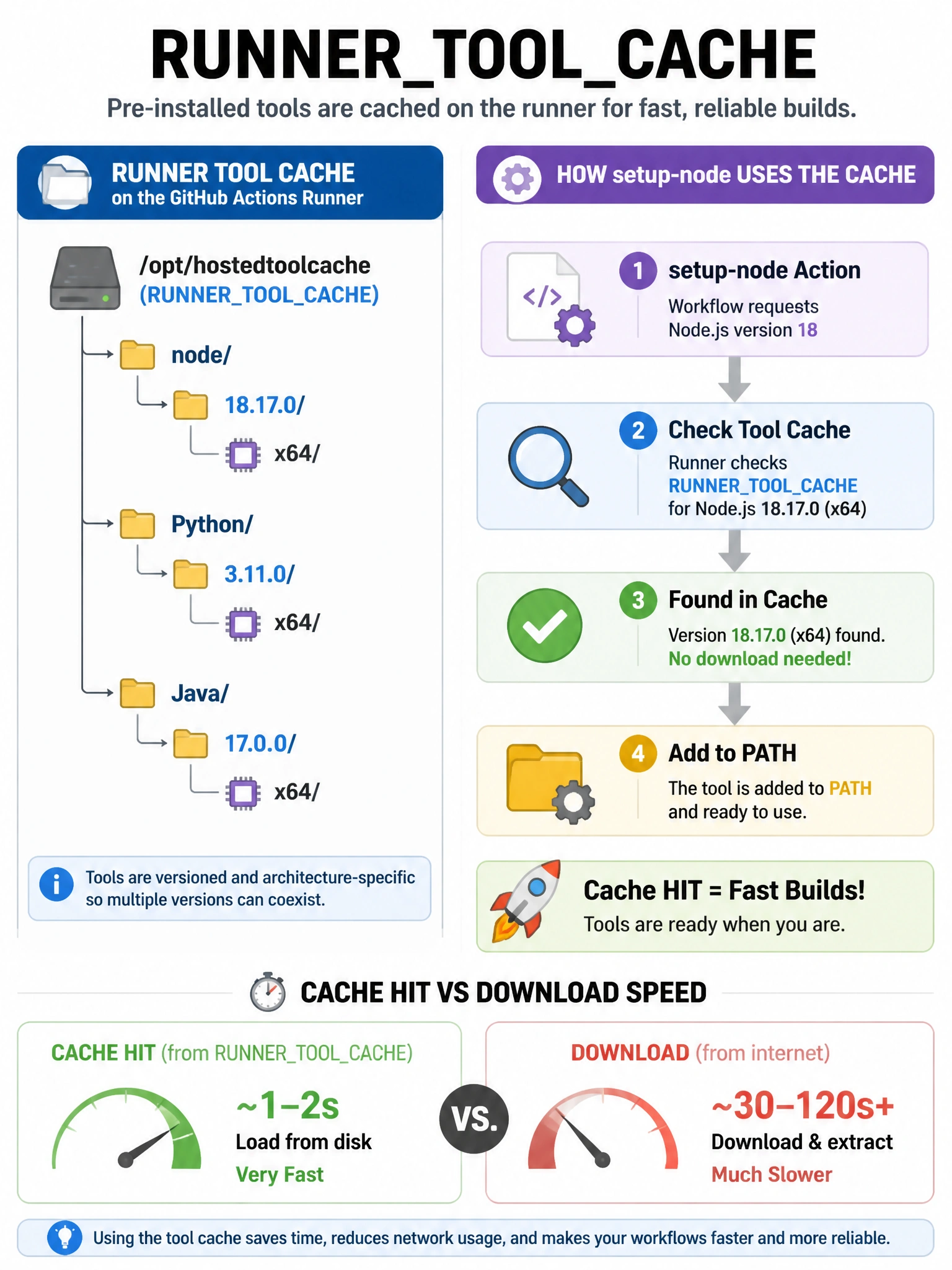 Educational infographic 1024x768 showing RUNNERTOOLCACHE directory. File system tree showing /opt/hostedtoolcache (RUNNERTOOLCACHE) with subdirectories: node/18.17.0/x64/, Python/3.11.0/x64/, Java/17.0.0/x64/. Setup-node action arrow showing: requested version 18 > check tool cache > found, no download needed > add to PATH. Speed indicator showing cache hit vs download speed.