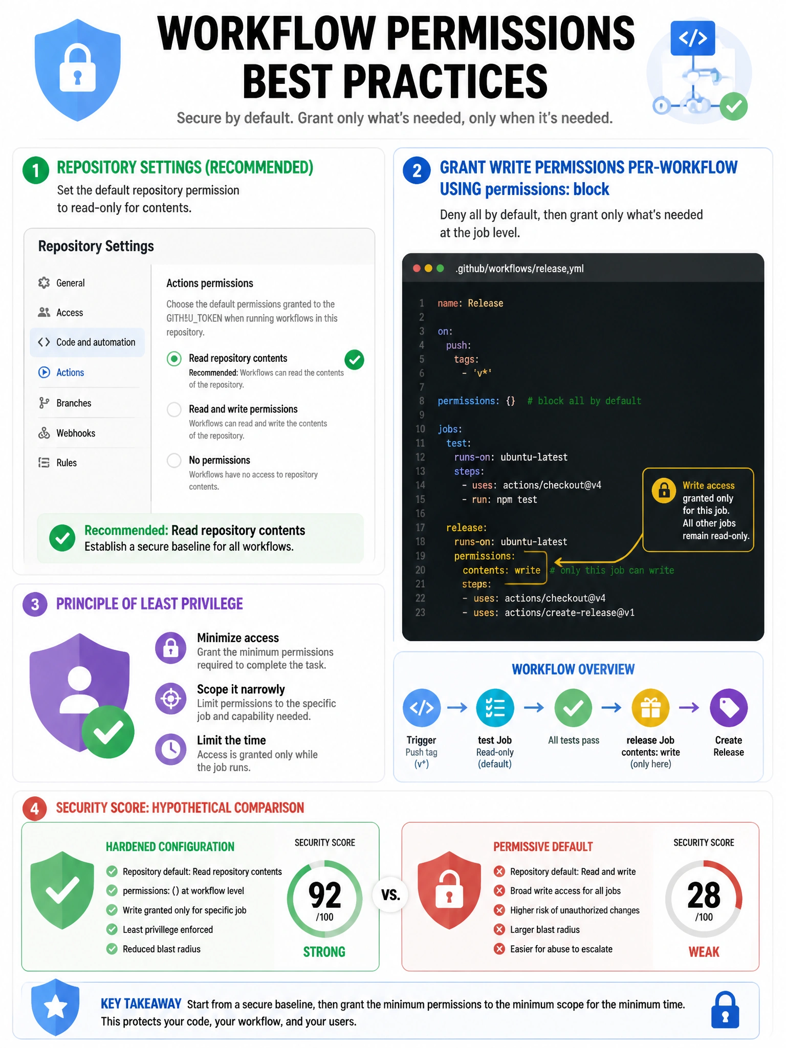 Educational infographic 1024x768 showing workflow permissions best practices. Repository Settings mockup with recommended setting: 'Read repository contents' selected (green checkmark). Text: 'Grant write permissions per-workflow using permissions: block'. Example workflow showing permissions: contents: write only for release job. Principle of least privilege icon. Security score: hardened configuration vs permissive default.