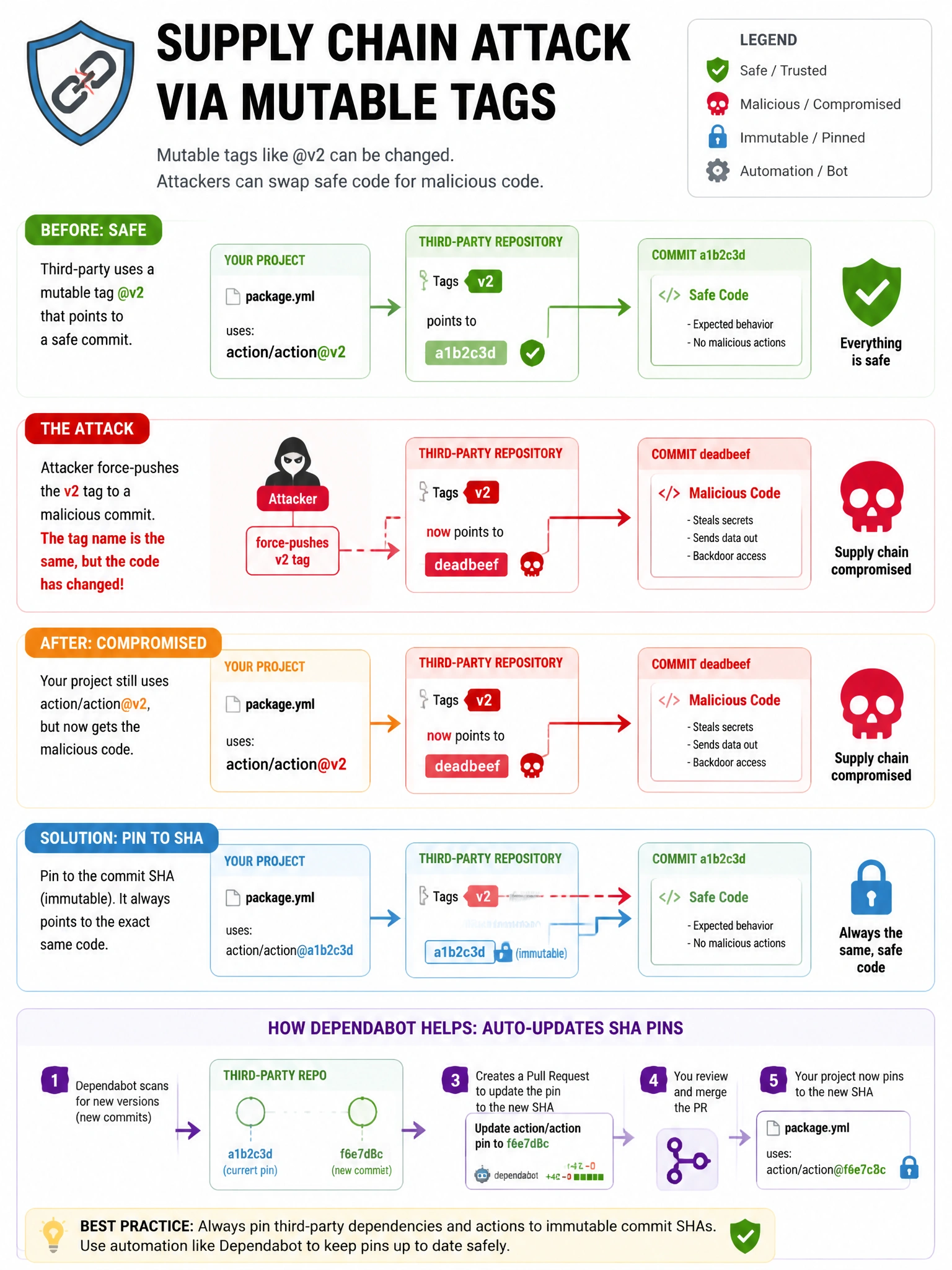 Educational infographic 1024x768 showing supply chain attack via mutable tags. Before: third-party/action@v2 pointing to safe code (green). Attacker force-pushes v2 tag to malicious commit. After: same @v2 now points to malicious code (red). Solution: pin to SHA = immutable, always same code. Show Dependabot auto-updating SHA pins via PR. Security supply chain attack flow diagram.