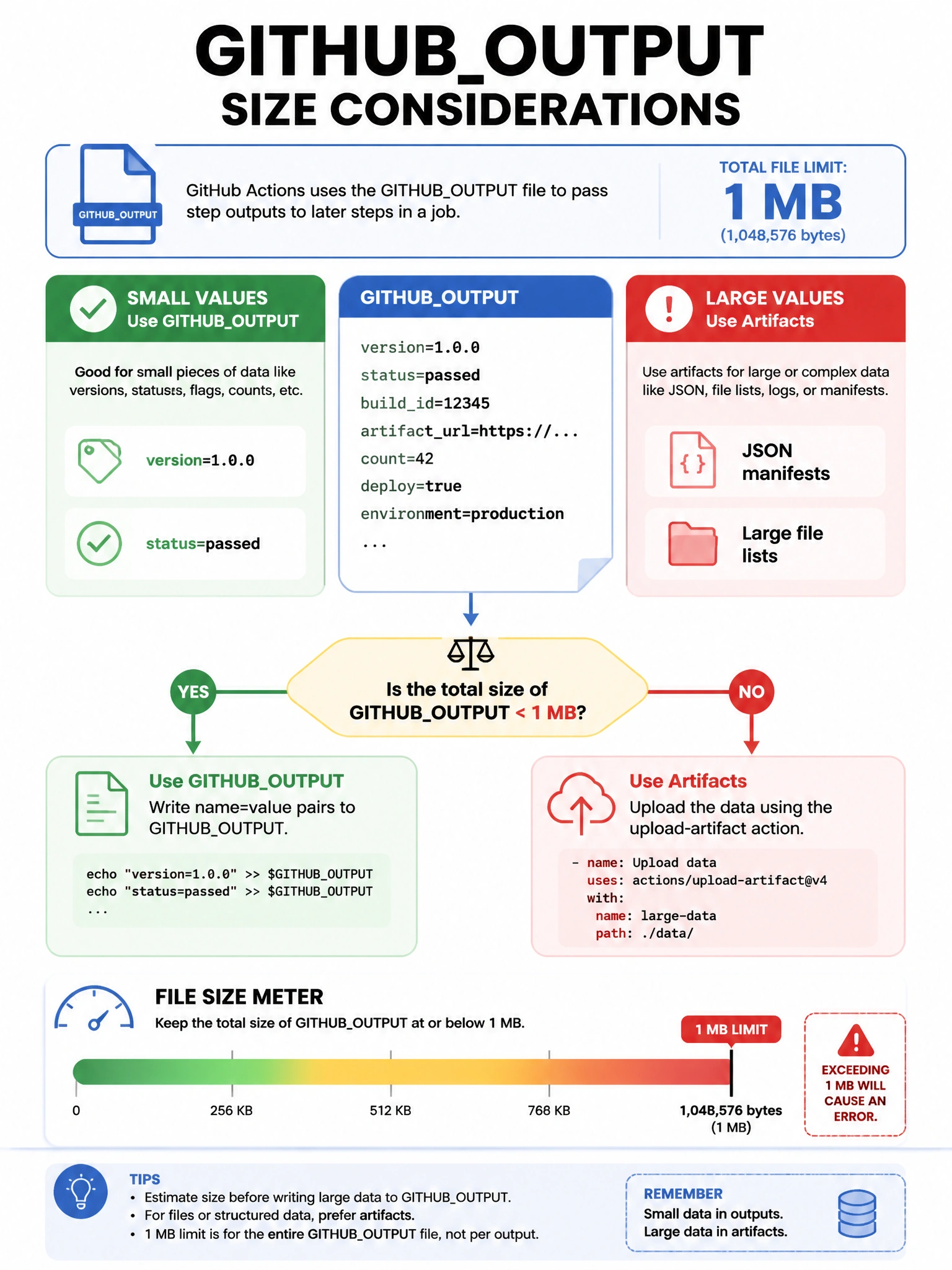 Educational infographic 1024x768 showing GITHUBOUTPUT size considerations. GITHUBOUTPUT file shown with multiple name=value pairs. Total file limit: 1 MB. For small values (version=1.0.0, status=passed): use GITHUBOUTPUT. For large values (JSON manifests, file lists): use artifacts. Decision tree: Is value < 1MB? Yes -> GITHUBOUTPUT. No -> upload-artifact. File size meter showing 1 MB limit indicator.