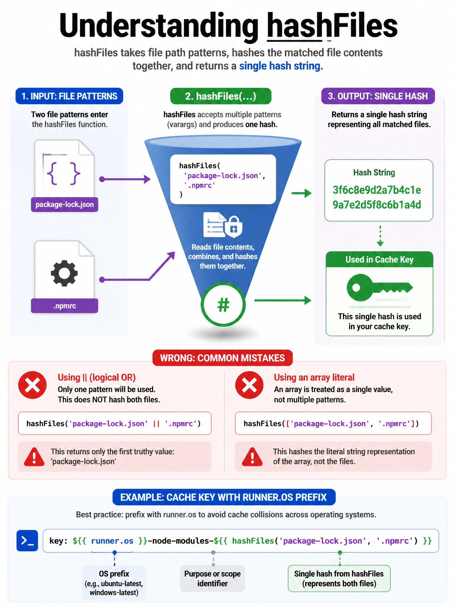 Portrait infographic of hashFiles funnel. Two file icons package-lock.json and .npmrc enter one hashFiles call with two args. Output single hash string into cache key. Wrong patterns || and array literal with red X. Example cache key line with runner.os prefix.