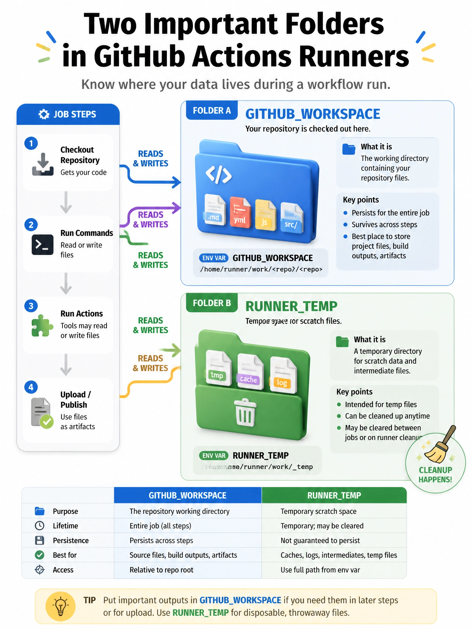 Portrait infographic two folders. Folder A GITHUBWORKSPACE with repo files icon. Folder B RUNNERTEMP with scratch/tmp icon and broom cleanup badge. Arrows from job steps reading/writing each. Env var names labeled.