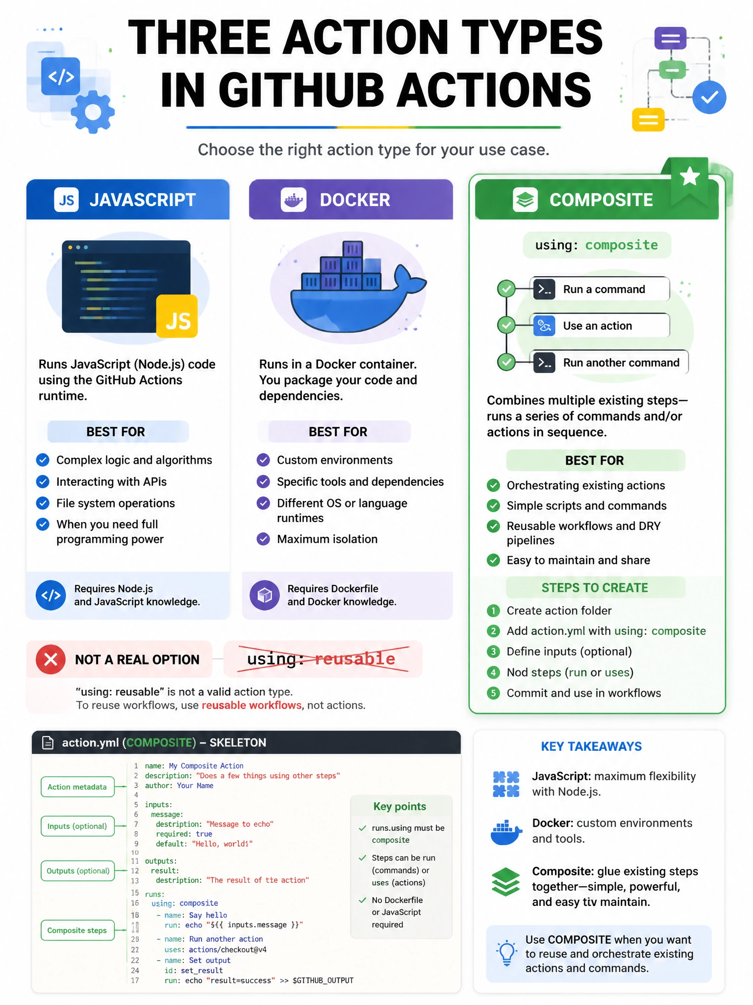 Portrait infographic three action types columns: JavaScript, Docker, Composite. Highlight Composite with using: composite and steps list. Cross out fake using: reusable. Small action.yml skeleton.
