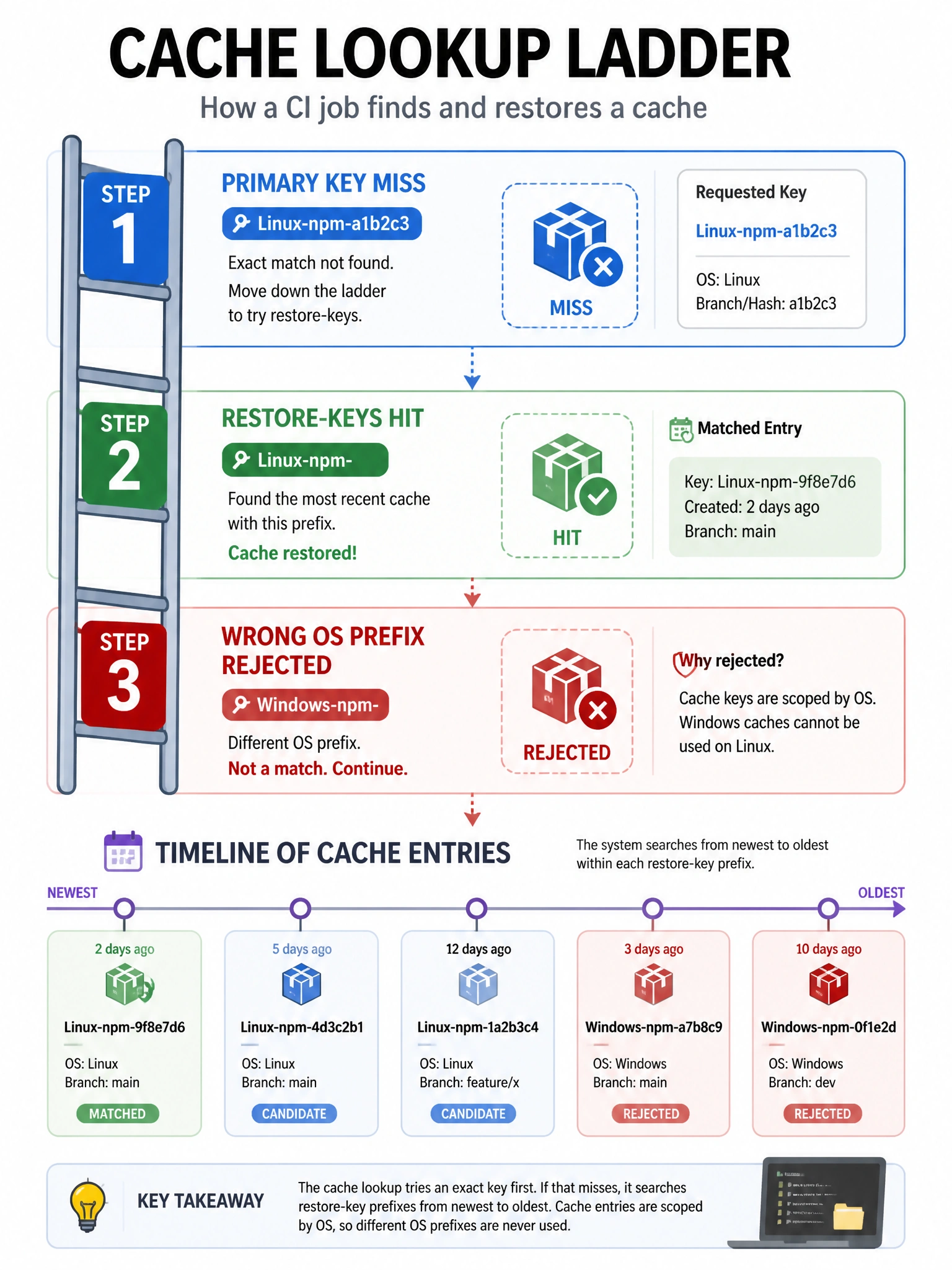 Portrait infographic cache lookup ladder. Step1 primary Linux-npm-a1b2c3 miss. Step2 restore-keys Linux-npm- hit older cache. Wrong Windows prefix rejected. Timeline of cache entries.