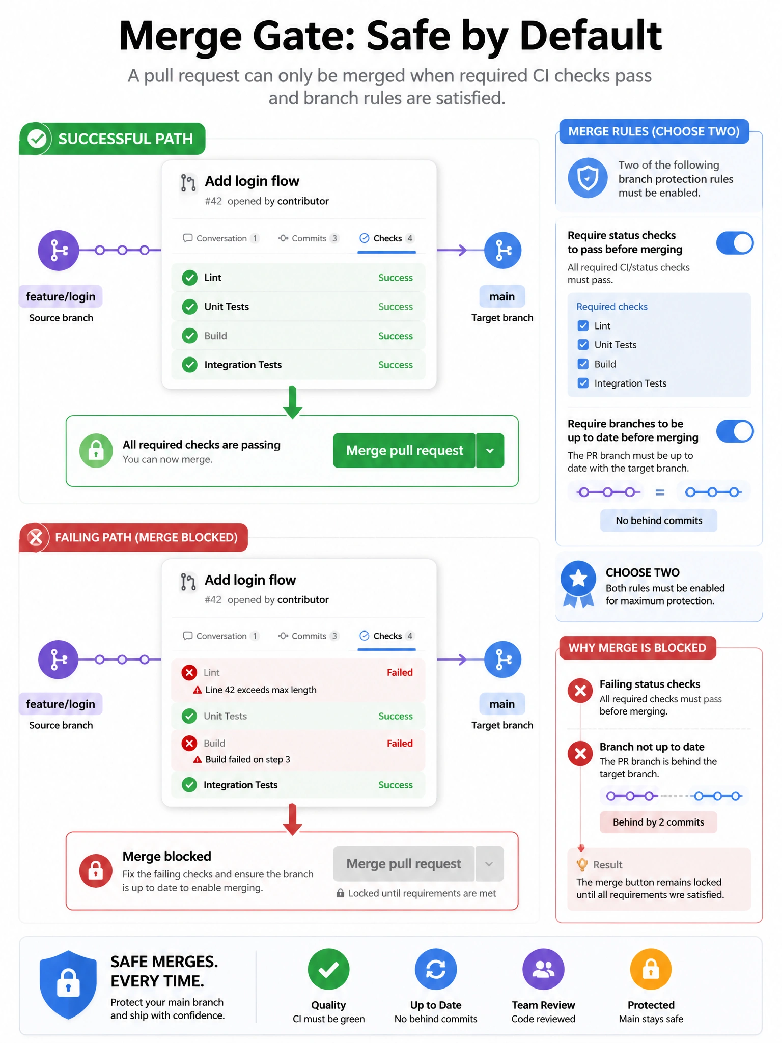 Portrait infographic merge gate. PR merge button locked until CI checks green. Toggles: required status checks, require up to date. Choose-two badge. Failed path shows red checks blocking merge.