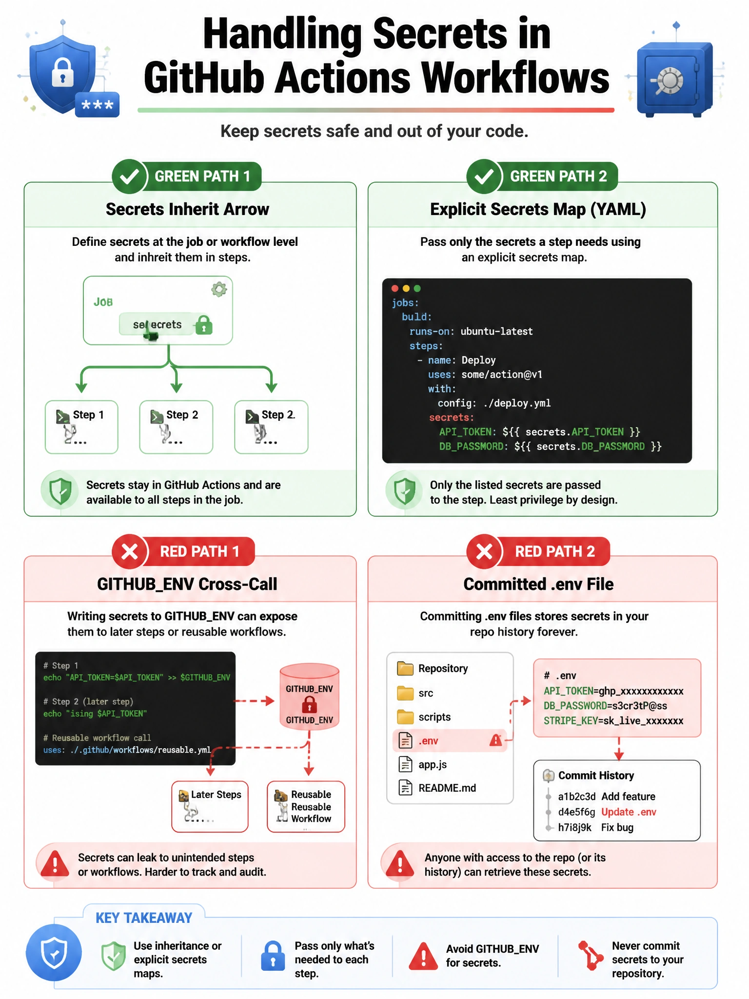 Portrait two green paths: secrets inherit arrow, explicit secrets map YAML. Two red paths: GITHUBENV cross-call, committed .env.