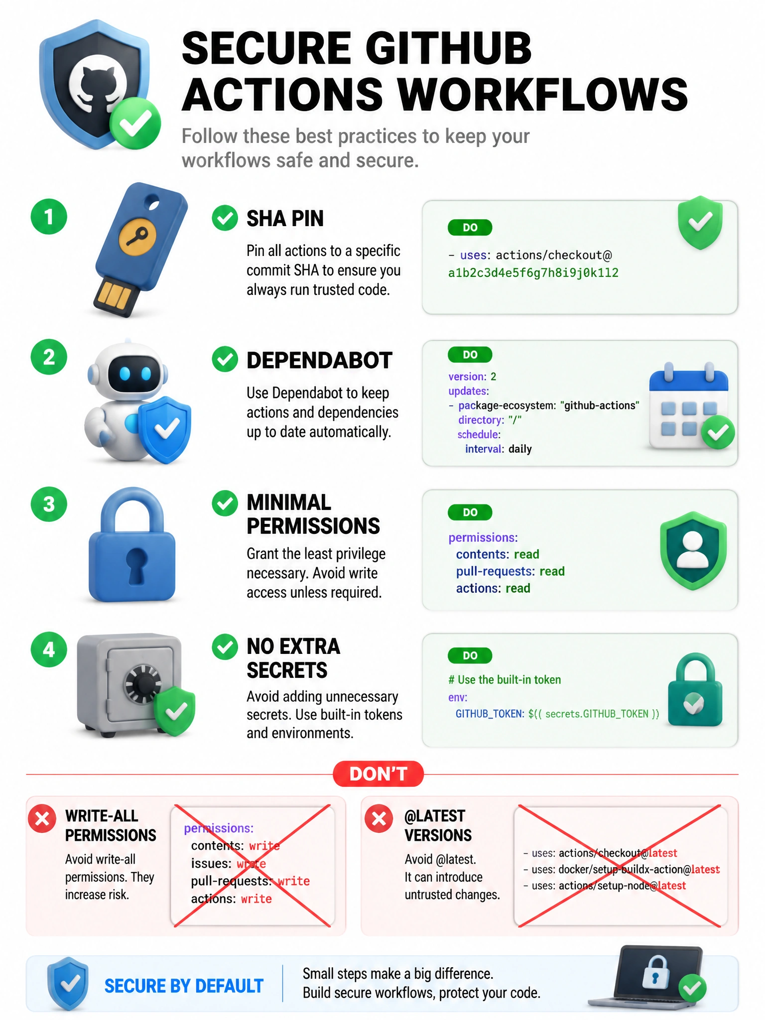 Portrait checklist: SHA pin, Dependabot, minimal permissions, no extra secrets. Crossed out write-all and @latest.