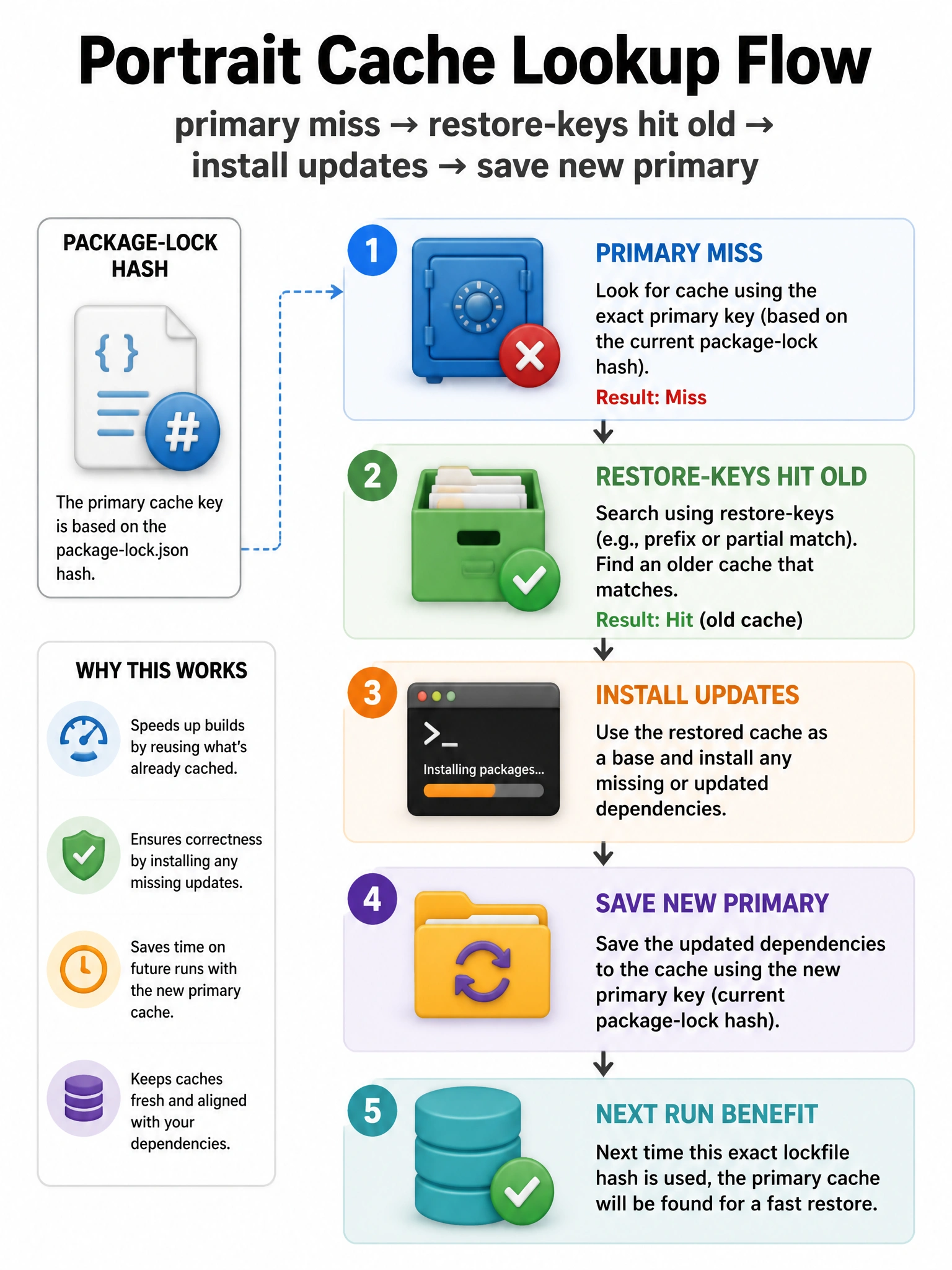 Portrait cache lookup flow: primary miss → restore-keys hit old → install updates → save new primary. package-lock hash icon.