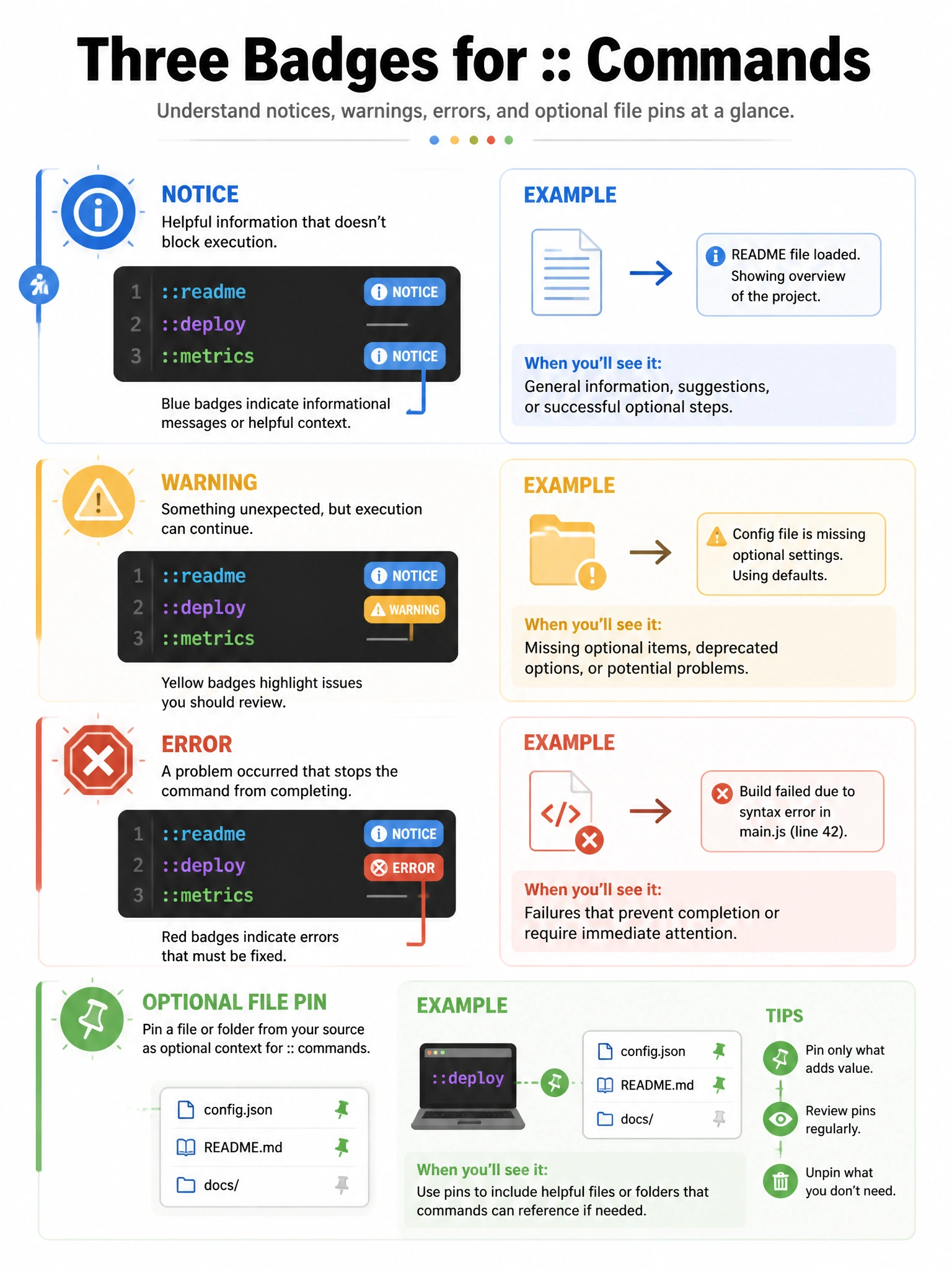 Portrait infographic: three badges notice warning error from :: commands; optional file line pin on source. 1536x2048.