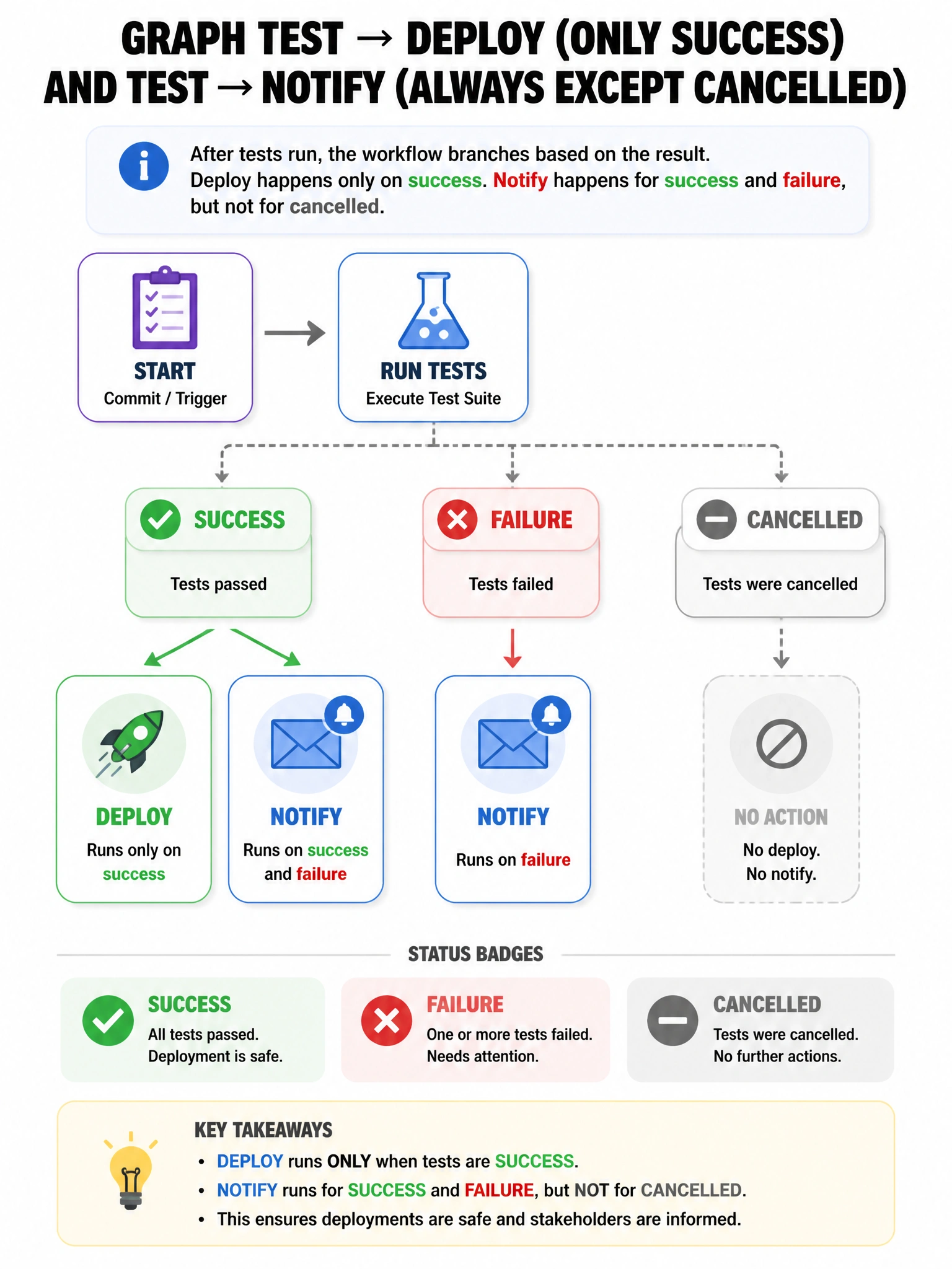 Portrait infographic: graph test → deploy (only success) and test → notify (always except cancelled); status badges success/failure/cancelled. 1536x2048.
