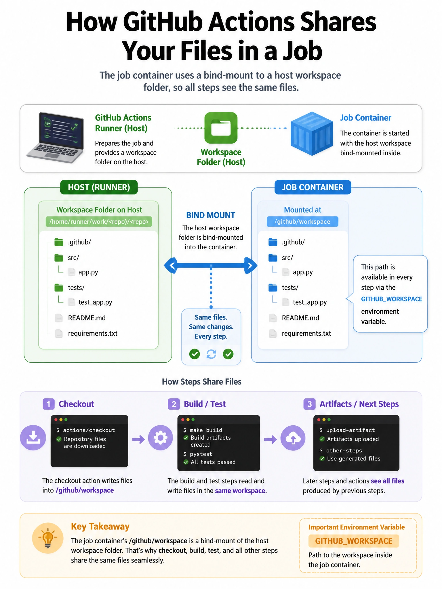 Portrait infographic: host workspace folder bind-mounted into job container; checkout action and build step share files; GITHUBWORKSPACE label. 1536x2048.
