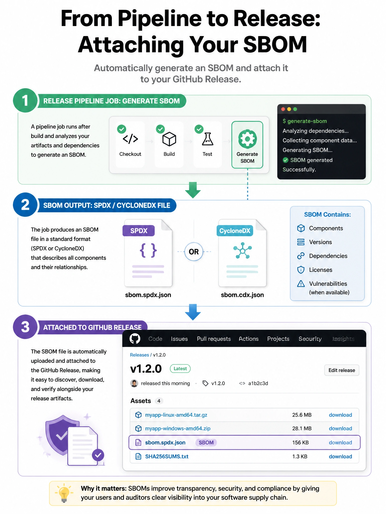 Portrait infographic: release pipeline job “Generate SBOM” → SPDX/CycloneDX file → attached to GitHub Release. 1536x2048.