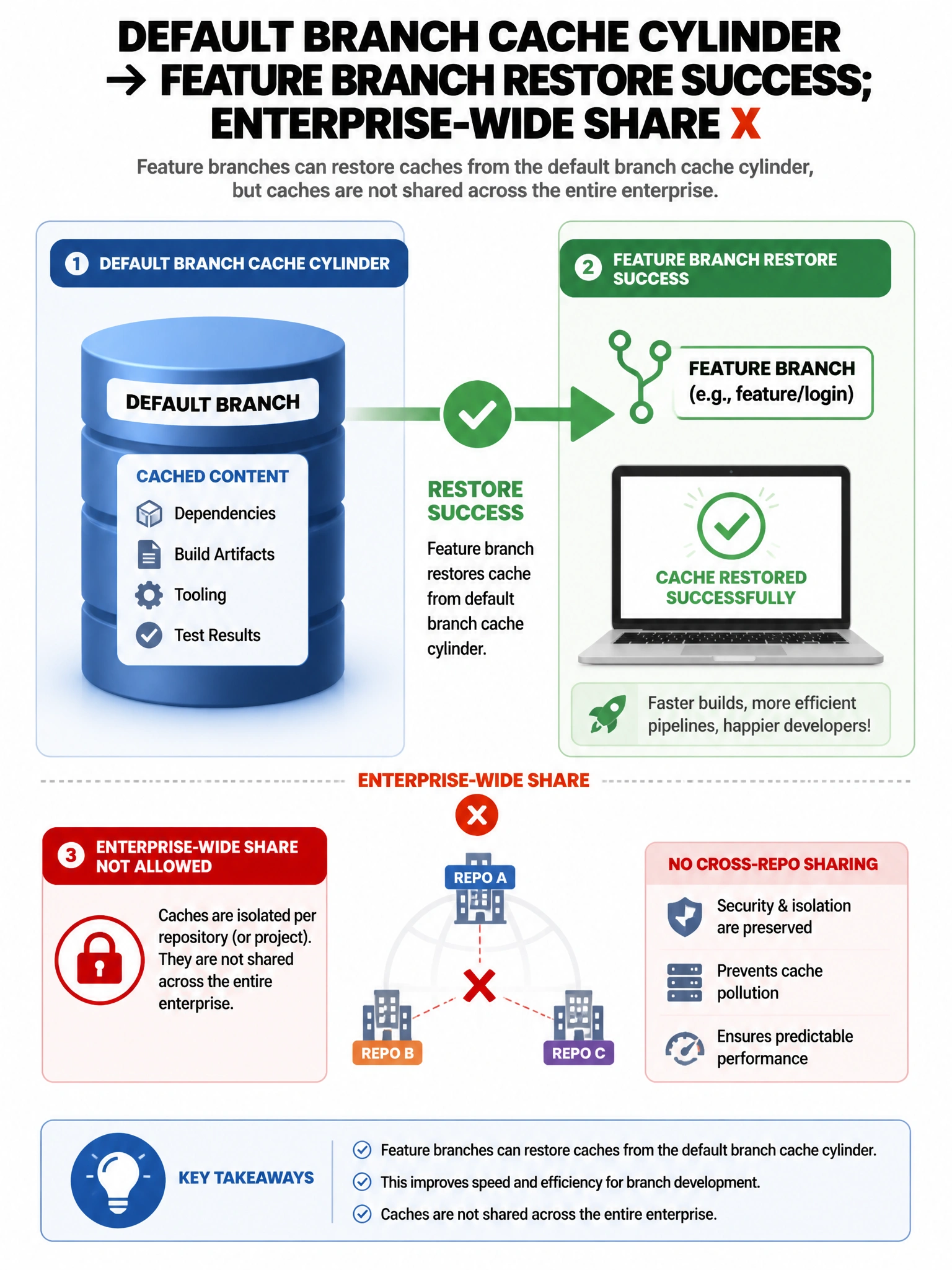 Portrait infographic: default branch cache cylinder → feature branch restore success; enterprise-wide share marked X. 1536x2048.