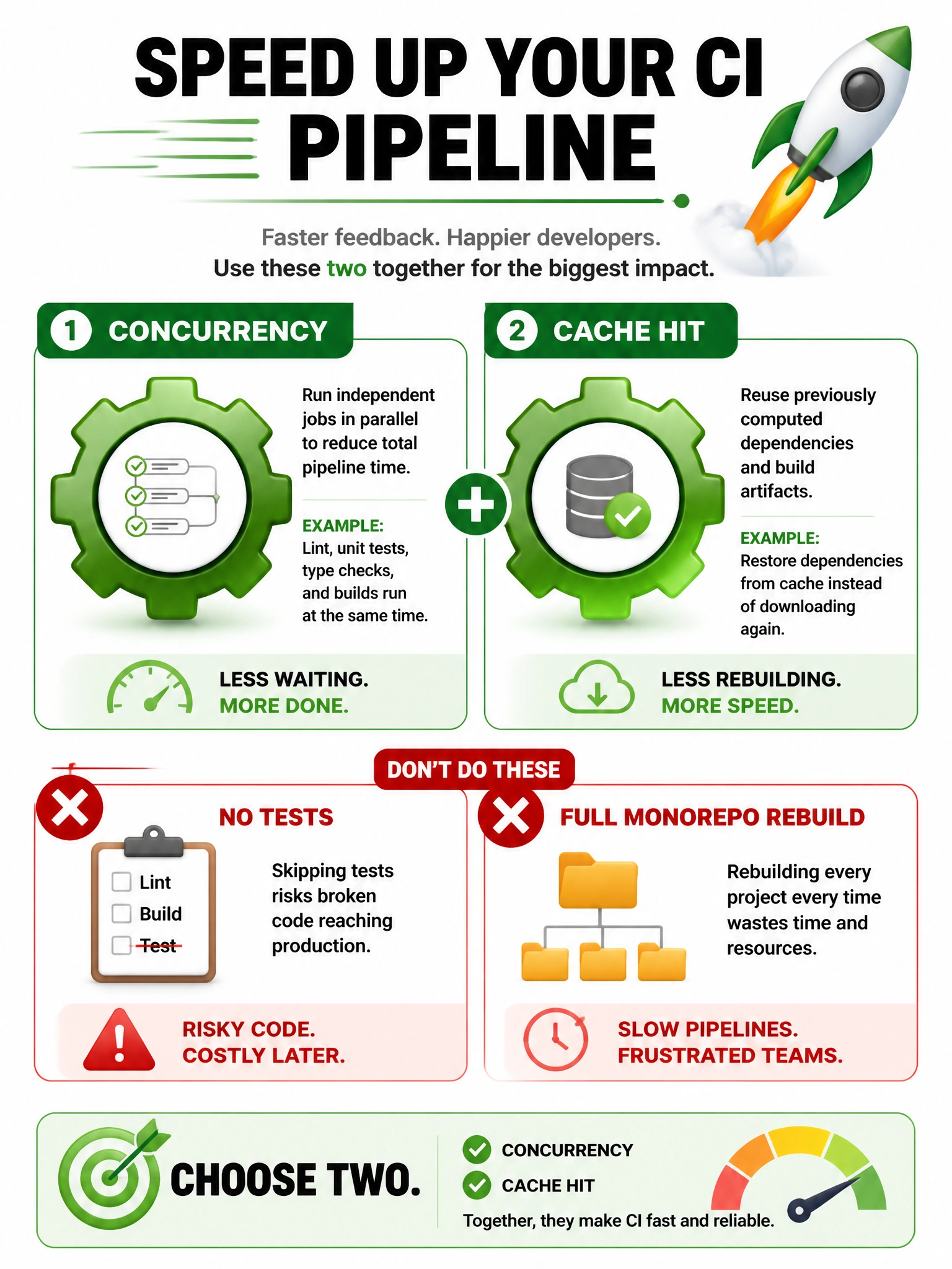 Portrait infographic: two green gears concurrency cancel + cache hit; red X on no-tests and full monorepo rebuild; Choose two. 1536x2048.