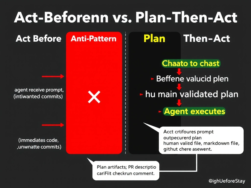2048x1536 educational infographic titled 'Act-Before-Plan Anti-Pattern vs. Plan-Then-Act'. Left side shows RED path: agent receives prompt → immediately modifies files → chaos (broken code, unwanted commits). Right side shows GREEN path: agent receives prompt → outputs structured plan → human validates plan → agent executes. Bold red X on left path, green checkmark on right. Add a callout box: 'Plan artifacts: PR description, markdown file, GitHub check run comment'. Dark background, white text, GitHub-style typography.