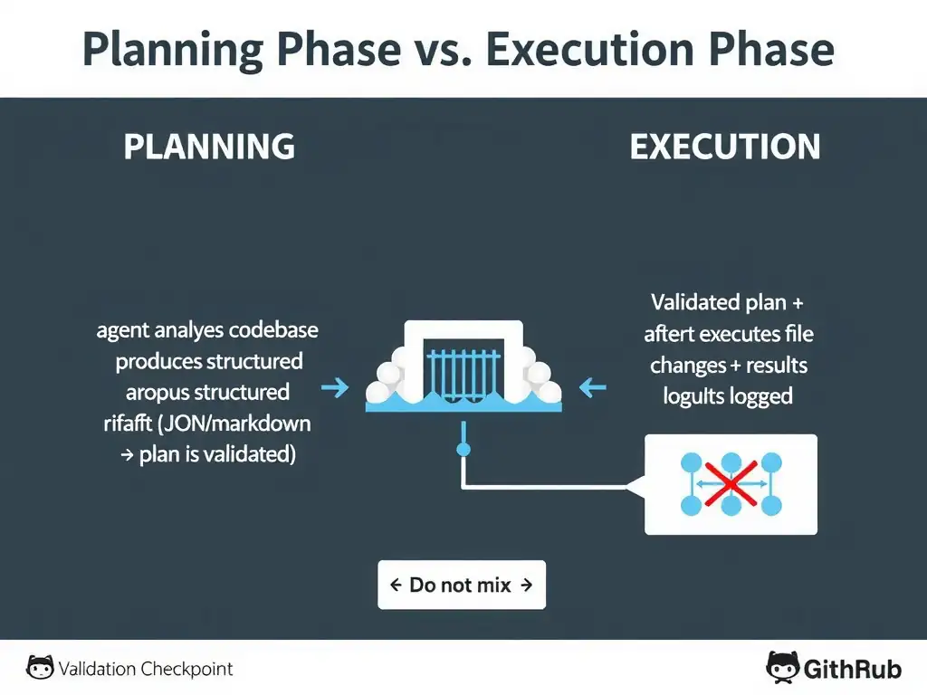 2048x1536 educational infographic titled 'Planning Phase vs. Execution Phase'. Two clearly separated swim lanes. Left lane (PLANNING): agent analyzes codebase → produces structured plan artifact (JSON/markdown) → plan is validated. Right lane (EXECUTION): validated plan consumed → agent executes file changes → results logged. A gate/checkpoint icon between the lanes labeled 'Validation Checkpoint'. Anti-pattern shown in small box: 'Do not mix' with a crossed-out diagram of interleaved steps. Clean GitHub-style design.