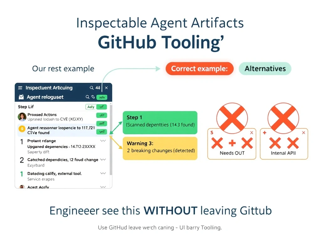 A 2048x1536 landscape infographic titled 'Inspectable Agent Artifacts in GitHub Tooling' on a white background with GitHub's dark navy and green palette. Left third: a GitHub pull request UI mockup showing agent-posted comments: 'Agent reasoning: Upgraded lodash to 4.17.21 — CVE-2021-XXXXX', followed by a proposed change diff summary. Center third: a GitHub Actions workflow run with step annotations — green 'Info' bubbles showing 'Step 1: Scanned dependencies (12 found)' and yellow 'Warning' bubble showing 'Step 3: 2 breaking changes detected'. Right third: three red-X alternatives — 'S3 bucket (leave GitHub)', 'Datadog dashboard (external tool)', 'Internal API (needs query)' — all crossed out. A bold label at the top of each correct example reads 'Engineer sees this WITHOUT leaving GitHub'. Use GitHub UI-accurate styling.