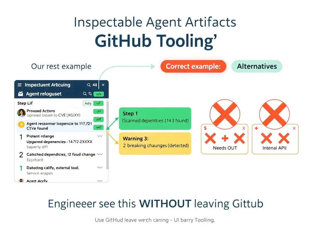 A 2048x1536 landscape infographic titled 'Inspectable Agent Artifacts in GitHub Tooling' on a white background with GitHub's dark navy and green palette. Left third: a GitHub pull request UI mockup showing agent-posted comments: 'Agent reasoning: Upgraded lodash to 4.17.21 — CVE-2021-XXXXX', followed by a proposed change diff summary. Center third: a GitHub Actions workflow run with step annotations — green 'Info' bubbles showing 'Step 1: Scanned dependencies (12 found)' and yellow 'Warning' bubble showing 'Step 3: 2 breaking changes detected'. Right third: three red-X alternatives — 'S3 bucket (leave GitHub)', 'Datadog dashboard (external tool)', 'Internal API (needs query)' — all crossed out. A bold label at the top of each correct example reads 'Engineer sees this WITHOUT leaving GitHub'. Use GitHub UI-accurate styling.