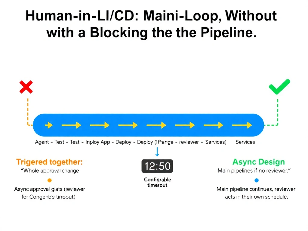 A 2048x1536 landscape infographic titled 'Human-in-the-Loop Without Blocking the Pipeline' on a white background. Center: a two-lane pipeline diagram. Top lane (blue, labeled 'Main CI/CD Pipeline'): arrows flowing right through stages: 'Build -> Test -> Deploy App -> Deploy Services'. Bottom lane (orange, labeled 'Agent Approval Workflow'): 'Agent proposes infra change' -> 'Async approval gate (reviewer notified)' -> timer icon labeled 'Configurable timeout' -> 'Escalation if no response' -> 'Change applied'. The two lanes run in parallel, connected by a thin dotted line only at the start ('Triggered together'). Left side: red-X showing 'Blocking Design: Whole pipeline stops waiting for reviewer'. Right side: green checkmark showing 'Async Design: Main pipeline continues; reviewer acts on their own schedule'. Use bold lane labels and arrow icons throughout.