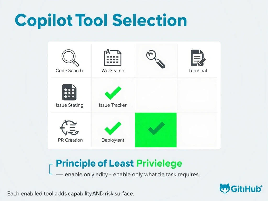 2048x1536 educational infographic titled 'Copilot Agent Tool Selection'. Grid of tool icons with labels: Code Search (magnifying glass), File Editing (pencil), Web Search, Terminal Execution, Issue Tracker, PR Creation, Deployment, Secret Scanning. Code Search and File Editing highlighted in green with checkmarks. Others shown grayed out. Below: 'Principle of Least Privilege — enable only what the task requires.' Side callout: 'Each enabled tool adds capability AND risk surface.' GitHub branding.