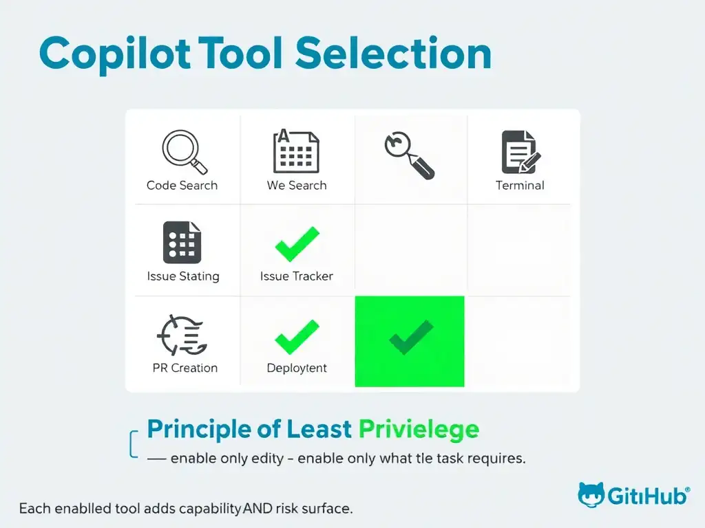2048x1536 educational infographic titled 'Copilot Agent Tool Selection'. Grid of tool icons with labels: Code Search (magnifying glass), File Editing (pencil), Web Search, Terminal Execution, Issue Tracker, PR Creation, Deployment, Secret Scanning. Code Search and File Editing highlighted in green with checkmarks. Others shown grayed out. Below: 'Principle of Least Privilege — enable only what the task requires.' Side callout: 'Each enabled tool adds capability AND risk surface.' GitHub branding.