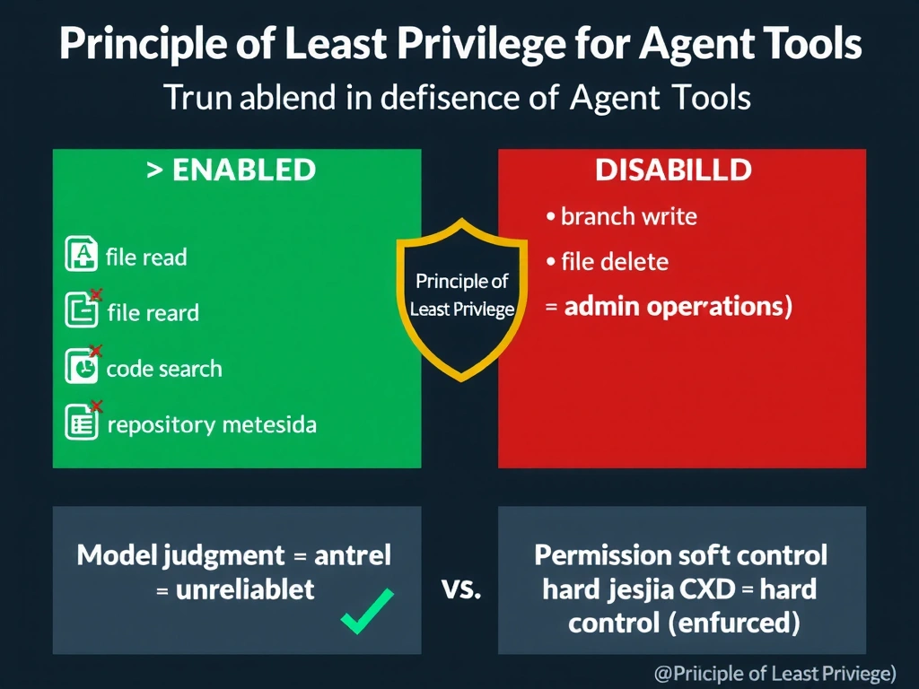 2048x1536 educational infographic titled 'Principle of Least Privilege for Agent Tools'. Left column: ENABLED (green) — file read, code search, repository metadata. Right column: DISABLED (red/crossed out) — branch write, PR creation, file delete, admin operations. Center: shield icon labeled 'Principle of Least Privilege'. Bottom comparison: 'Model judgment = soft control (unreliable)' vs 'Permission config = hard control (enforced)'. GitHub dark theme.