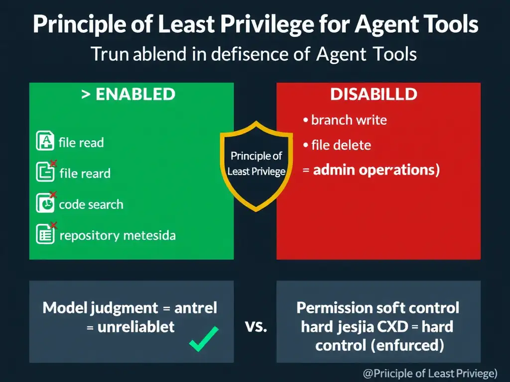 2048x1536 educational infographic titled 'Principle of Least Privilege for Agent Tools'. Left column: ENABLED (green) — file read, code search, repository metadata. Right column: DISABLED (red/crossed out) — branch write, PR creation, file delete, admin operations. Center: shield icon labeled 'Principle of Least Privilege'. Bottom comparison: 'Model judgment = soft control (unreliable)' vs 'Permission config = hard control (enforced)'. GitHub dark theme.