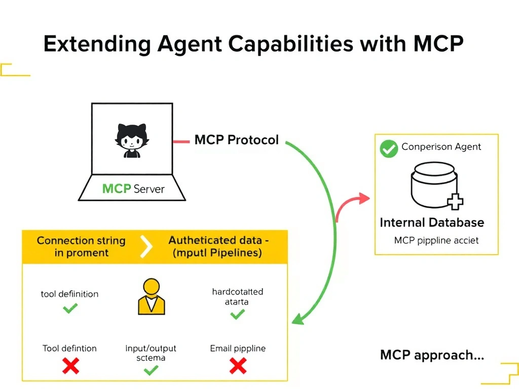 2048x1536 educational infographic titled 'Extending Agent Capabilities with MCP'. Architecture diagram: GitHub Copilot Agent in center, connected via arrow labeled 'MCP Protocol' to MCP Server box, which connects to Internal Database. MCP Server box shows: tool definition, authentication, input/output schema. Comparison panel: wrong approaches (connection string in prompt, hardcoded data, email pipeline) all with red X. MCP approach with green checkmark. Clean technical diagram style.