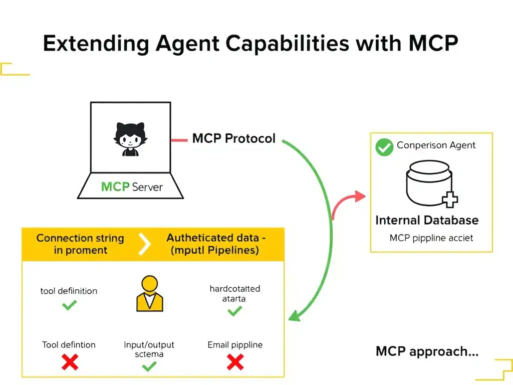 2048x1536 educational infographic titled 'Extending Agent Capabilities with MCP'. Architecture diagram: GitHub Copilot Agent in center, connected via arrow labeled 'MCP Protocol' to MCP Server box, which connects to Internal Database. MCP Server box shows: tool definition, authentication, input/output schema. Comparison panel: wrong approaches (connection string in prompt, hardcoded data, email pipeline) all with red X. MCP approach with green checkmark. Clean technical diagram style.