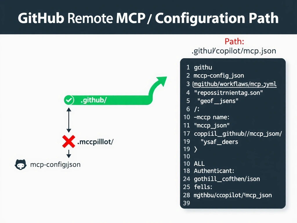 2048x1536 educational infographic titled 'GitHub Remote MCP Server Configuration Path'. Repository file tree diagram showing: .github/ → copilot/ → mcp.json (highlighted in green with checkmark). Other paths shown with red X: repository root/mcp-config.json, .github/workflows/mcp.yml, ~/.copilot/mcp.json. Right side: sample mcp.json content snippet showing server name, URL, authentication fields. Bold header: 'Path: .github/copilot/mcp.json'. GitHub dark theme.