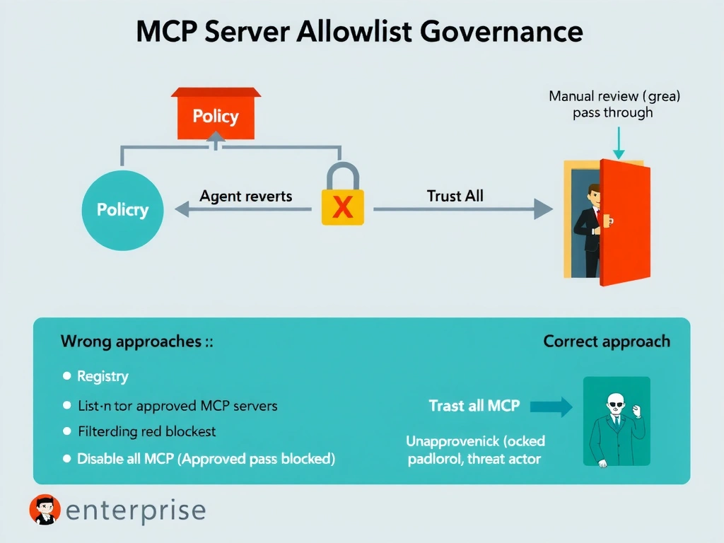 2048x1536 educational infographic titled 'MCP Server Allowlist Governance'. Organization-level diagram: Policy box → Registry (list of approved MCP servers) → Agent connection requests filtered through allowlist → Approved servers (green) pass through, Unapproved servers (red) blocked. Comparison: wrong approaches — manual review (bottleneck icon), disable all MCP (locked padlock with X), trust all (open door with threat actor). Correct approach highlighted. GitHub enterprise branding.
