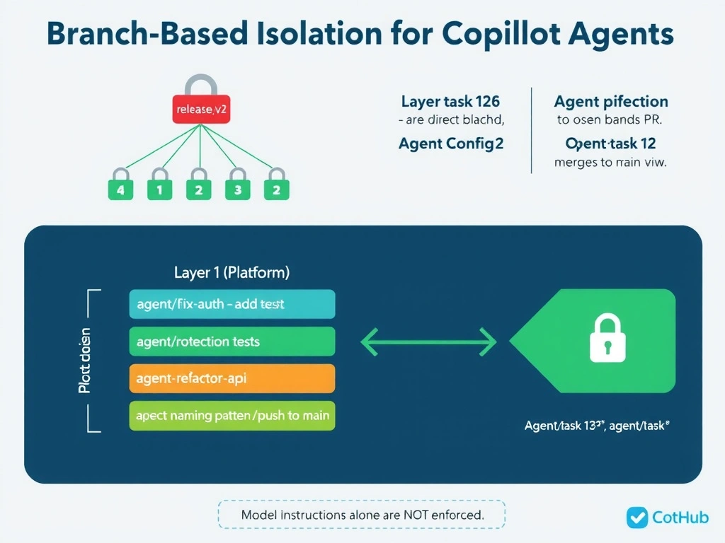Landscape infographic 2048x1536 titled 'Branch-Based Scope Isolation for Copilot Agents'. Top section shows a git branch tree diagram with 'main' and 'release/v2' highlighted in red with padlock icons labeled 'Protected — direct push blocked'. Multiple branches labeled 'agent/fix-auth', 'agent/add-tests', 'agent/refactor-api' shown in green branching off main. Center section shows two enforcement layers as a layered diagram: Layer 1 (Platform): 'Branch Protection Rule — API rejects push to main'; Layer 2 (Agent Config): 'Branch naming pattern: agent/'. Right side shows an arrow from 'Agent task' → creates 'agent/task-123' branch → opens PR → merges to main via review. Bottom callout: 'Model instructions alone are NOT enforced'. GitHub navy and green, lock icon prominently on protected branches.