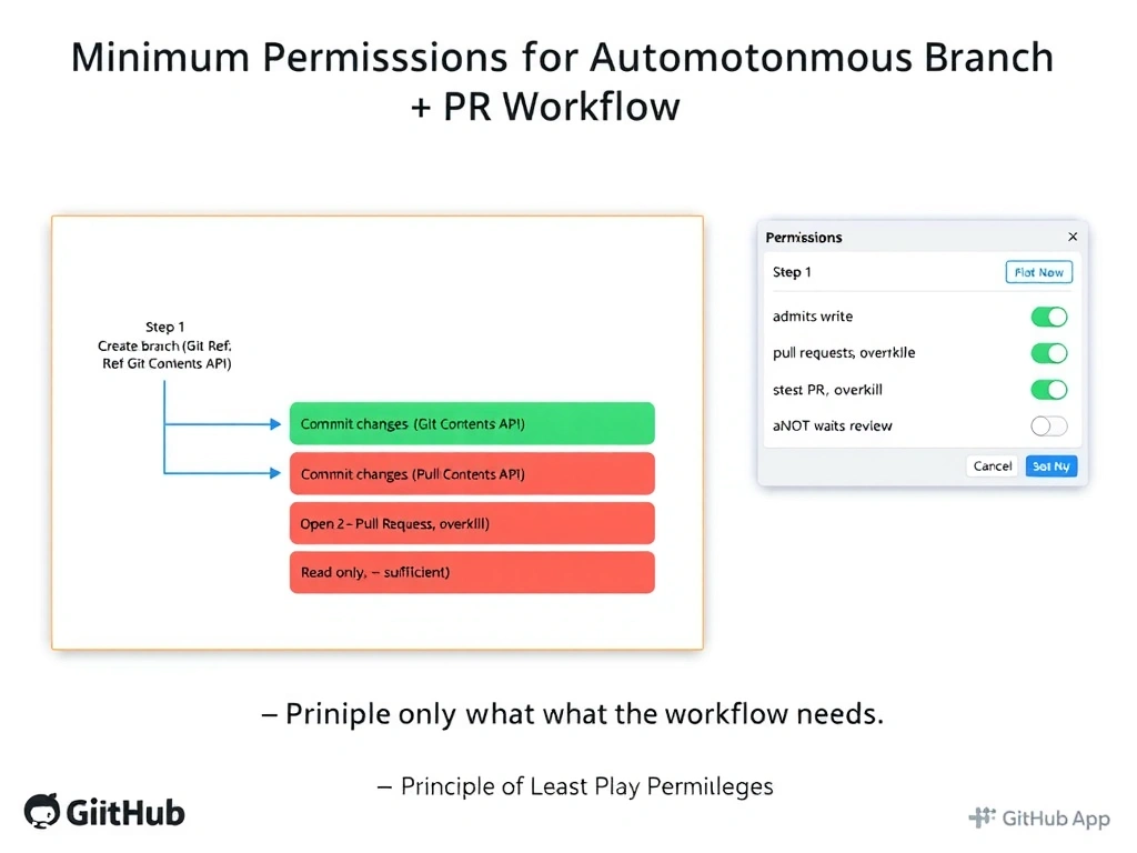 Landscape infographic 2048x1536 titled 'Minimum Permissions for Autonomous Branch + PR Workflow'. Left panel shows a 4-step agent workflow diagram: Step 1 'Create branch (Git Refs API)' → Step 2 'Commit changes (Git Contents API)' → Step 3 'Open PR (Pull Requests API)' → Step 4 'PR awaits review'. Center panel shows a permissions table with two green rows: 'contents: write — create branch, commit files' and 'pull-requests: write — open PR'. Red rows below for 'admin — NOT needed, overkill' and 'read-only — NOT sufficient'. Right panel shows a GitHub App permissions settings UI mockup with the two correct permissions checked. Bottom callout: 'Principle of Least Privilege — grant only what the workflow needs'. GitHub navy and green, warning icons on admin row.