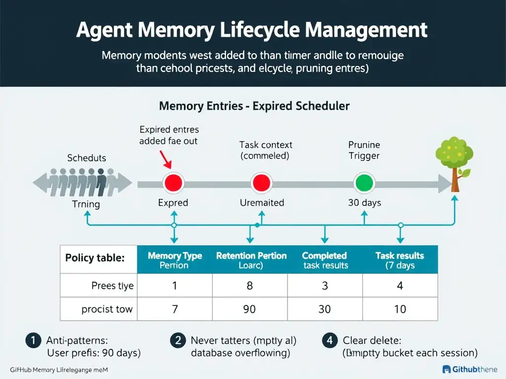 2048x1536 educational infographic titled 'Agent Memory Lifecycle Management'. Timeline diagram showing memory entries being added over time, then a pruning scheduler running: expired entries removed (gray fade out), stale entries pruned (red removed), active entries retained (green). Policy table: Memory Type | Retention Period | Pruning Trigger (user prefs: 90 days, task context: 7 days, completed task results: 30 days). Anti-patterns: never delete (database overflowing), clear all (empty bucket each session). GitHub theme.