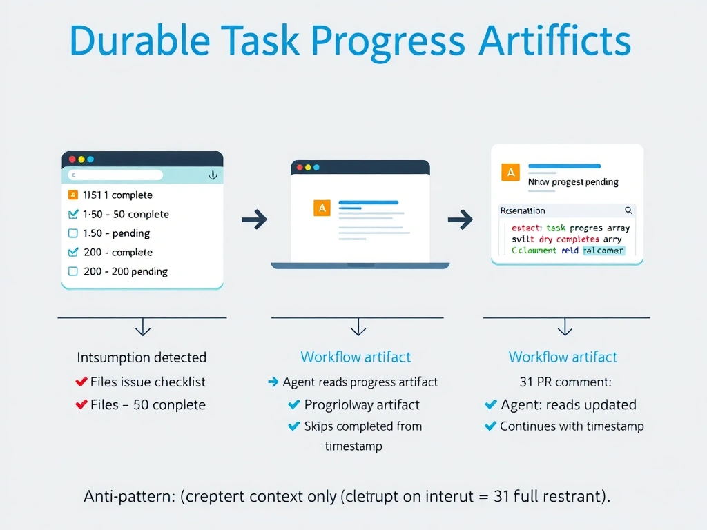 2048x1536 educational infographic titled 'Durable Task Progress Artifacts'. Three durable artifact types shown: 1) GitHub Issue checklist (✅ files 1-50 complete, ⬜ files 51-200 pending), 2) Workflow artifact (progress.json with completed array), 3) PR comment (progress update with timestamp). Resumption flow: interruption detected → agent reads progress artifact → skips completed → continues from file 51. Anti-pattern: context window only (cleared on interrupt = full restart). GitHub dark theme.