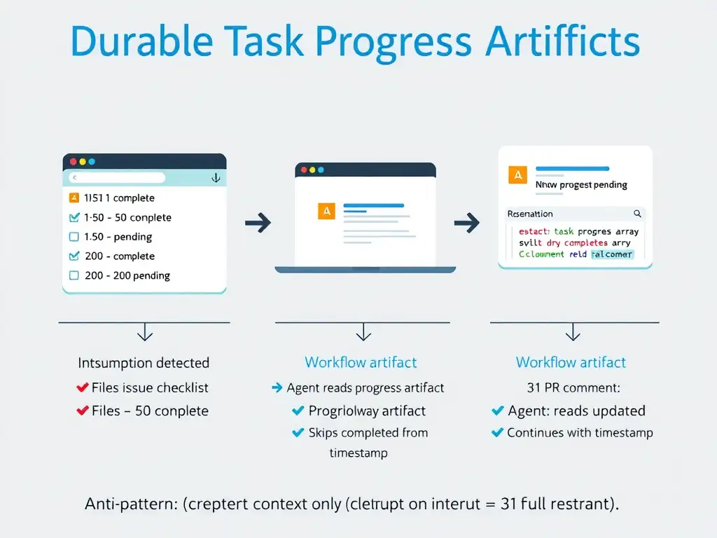 2048x1536 educational infographic titled 'Durable Task Progress Artifacts'. Three durable artifact types shown: 1) GitHub Issue checklist (✅ files 1-50 complete, ⬜ files 51-200 pending), 2) Workflow artifact (progress.json with completed array), 3) PR comment (progress update with timestamp). Resumption flow: interruption detected → agent reads progress artifact → skips completed → continues from file 51. Anti-pattern: context window only (cleared on interrupt = full restart). GitHub dark theme.