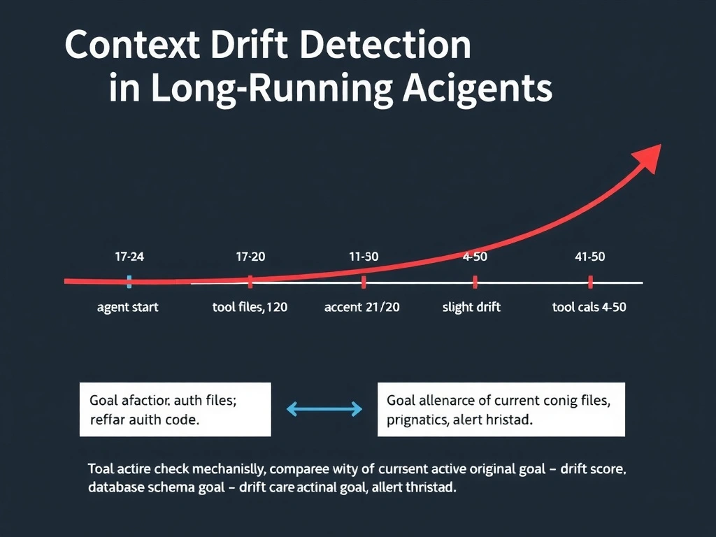 2048x1536 educational infographic titled 'Context Drift Detection in Long-Running Agents'. Timeline showing: agent start (goal: refactor auth code) → tool calls 1-20 (auth files, on track) → tool calls 21-40 (adjacent config files, slight drift) → tool calls 41-50 (database schema files, significant drift). Goal alignment check mechanism: periodic comparison of current action vs original goal → drift score → alert threshold. Red arrow showing drift divergence from original goal line. GitHub dark theme.