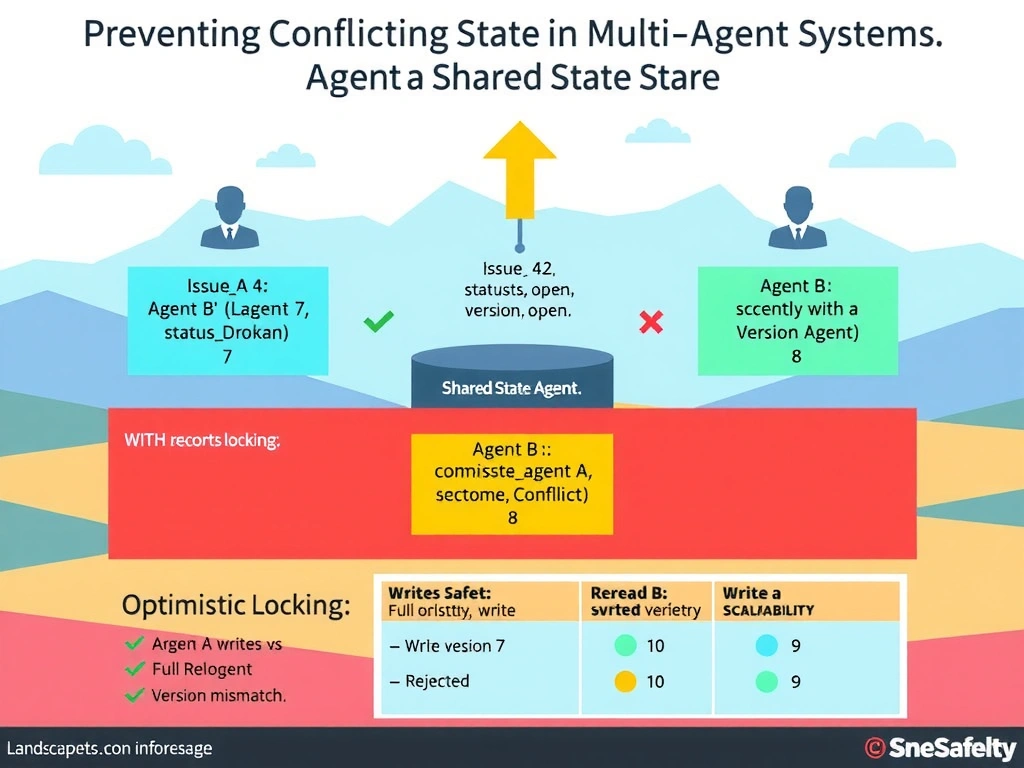Landscape infographic (2048x1536) titled 'Preventing Conflicting State in Multi-Agent Systems' showing three agent icons at the top: Agent A (Triage), Agent B (Labeling), Agent C (Response Drafting). All three arrows point down to a central database icon labeled 'Shared State Store'. In the center, a record diagram shows an issue record with a version token field highlighted in yellow: {issueid: 42, status: open, version: 7}. Left side shows WITHOUT optimistic locking: Agent A and Agent B both read version 7, both write different updates, Agent B's write silently overwrites Agent A with a red X labeled 'Conflict! Data lost.'. Right side shows WITH optimistic locking: Agent A writes first with version 7 -> succeeds, version becomes 8; Agent B attempts to write with version 7 -> rejected with error 'Version mismatch'; Agent B re-reads version 8 -> recomputes -> writes successfully with version 8 -> version becomes 9. Bottom section shows a comparison table: Optimistic Locking vs Full Reload vs Sequential Agent, rated on Conflict Safety, Performance, and Scalability. Color scheme: red for conflict scenarios, green for successful resolution, yellow for version tokens.