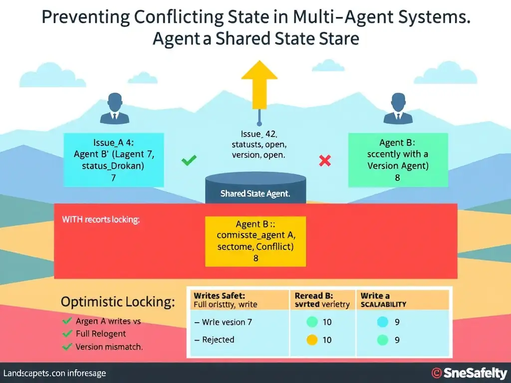 Landscape infographic (2048x1536) titled 'Preventing Conflicting State in Multi-Agent Systems' showing three agent icons at the top: Agent A (Triage), Agent B (Labeling), Agent C (Response Drafting). All three arrows point down to a central database icon labeled 'Shared State Store'. In the center, a record diagram shows an issue record with a version token field highlighted in yellow: {issueid: 42, status: open, version: 7}. Left side shows WITHOUT optimistic locking: Agent A and Agent B both read version 7, both write different updates, Agent B's write silently overwrites Agent A with a red X labeled 'Conflict! Data lost.'. Right side shows WITH optimistic locking: Agent A writes first with version 7 -> succeeds, version becomes 8; Agent B attempts to write with version 7 -> rejected with error 'Version mismatch'; Agent B re-reads version 8 -> recomputes -> writes successfully with version 8 -> version becomes 9. Bottom section shows a comparison table: Optimistic Locking vs Full Reload vs Sequential Agent, rated on Conflict Safety, Performance, and Scalability. Color scheme: red for conflict scenarios, green for successful resolution, yellow for version tokens.