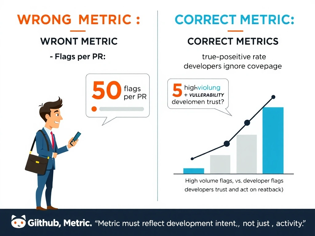 2048x1536 educational infographic titled 'Evaluation Metric Misalignment'. Left panel: WRONG METRIC — flags per PR → agent produces 50 flags per PR → developers ignore all feedback. Right panel: CORRECT METRICS — precision (true positive rate) + recall (vulnerability coverage) → agent produces 5 high-confidence flags → developers trust and act on feedback. Chart showing: high volume flags vs. developer trust (inverse relationship). Alignment principle: 'Metric must reflect development intent, not just activity.' GitHub style.