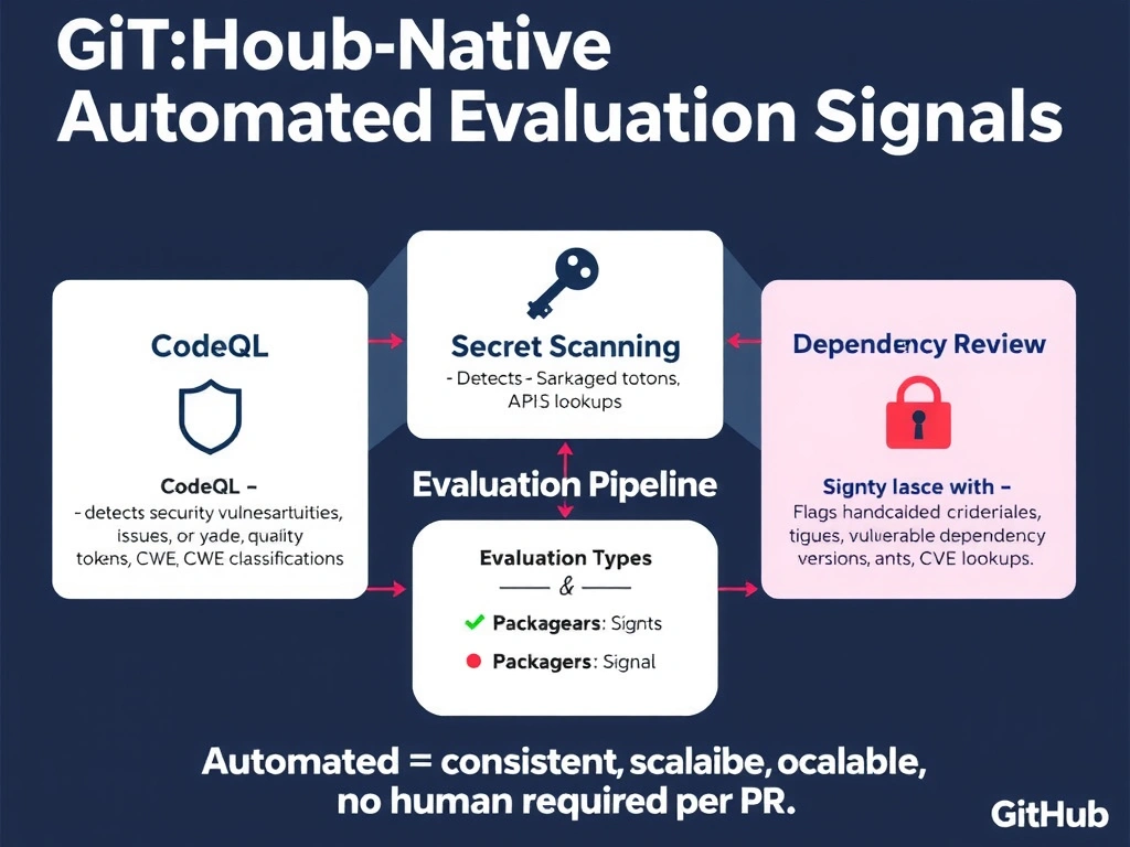 2048x1536 educational infographic titled 'GitHub-Native Automated Evaluation Signals'. Three tool cards: 1) CodeQL (shield icon) — detects security vulnerabilities, code quality issues, CWE classifications; 2) Secret Scanning (key icon) — detects hardcoded credentials, tokens, API keys; 3) Dependency Review (package icon) — flags vulnerable dependency versions, CVE lookups. All three feed into 'Evaluation Pipeline' box with signal types labeled. Bottom: 'Automated = consistent, scalable, no human required per PR.' GitHub dark navy theme.
